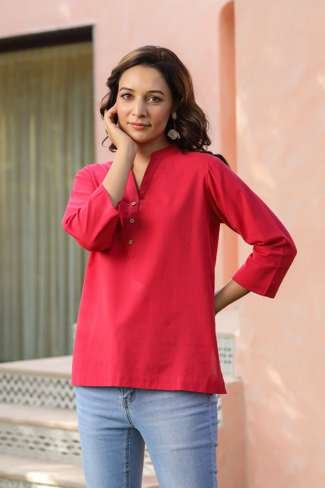 Women Mandarin Collar Pure Cotton Top