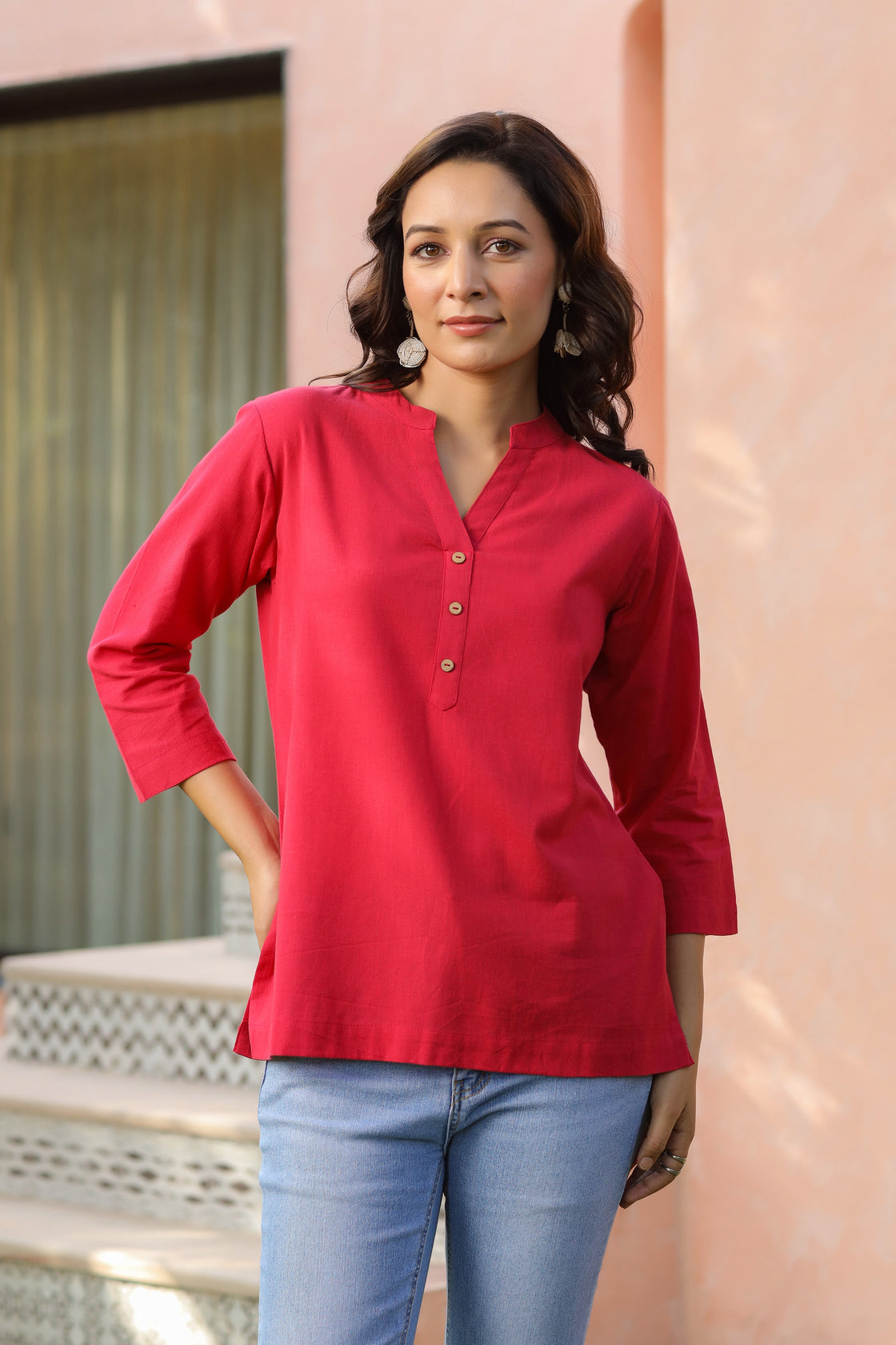 Women Mandarin Collar Pure Cotton Top