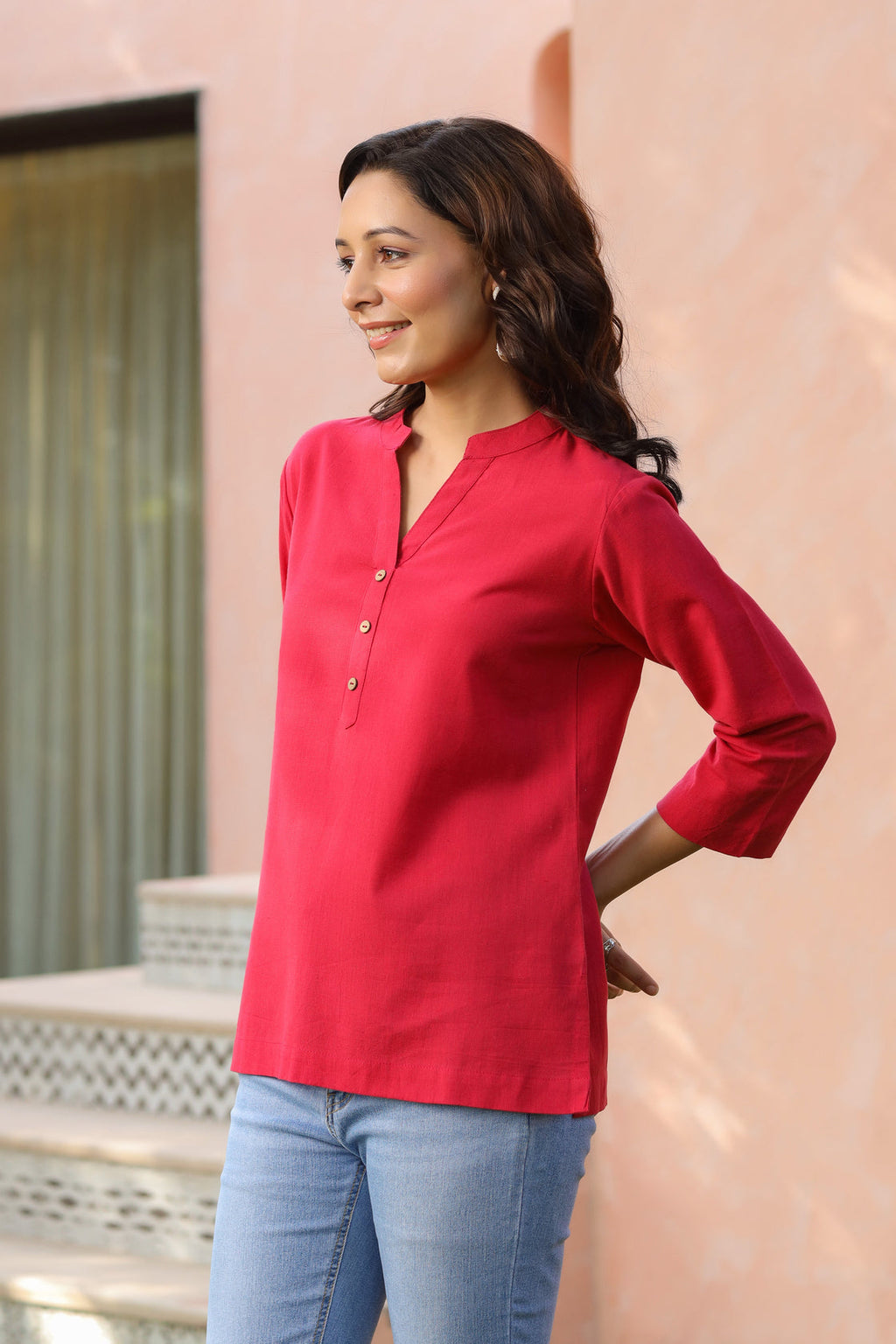 Women Mandarin Collar Pure Cotton Top