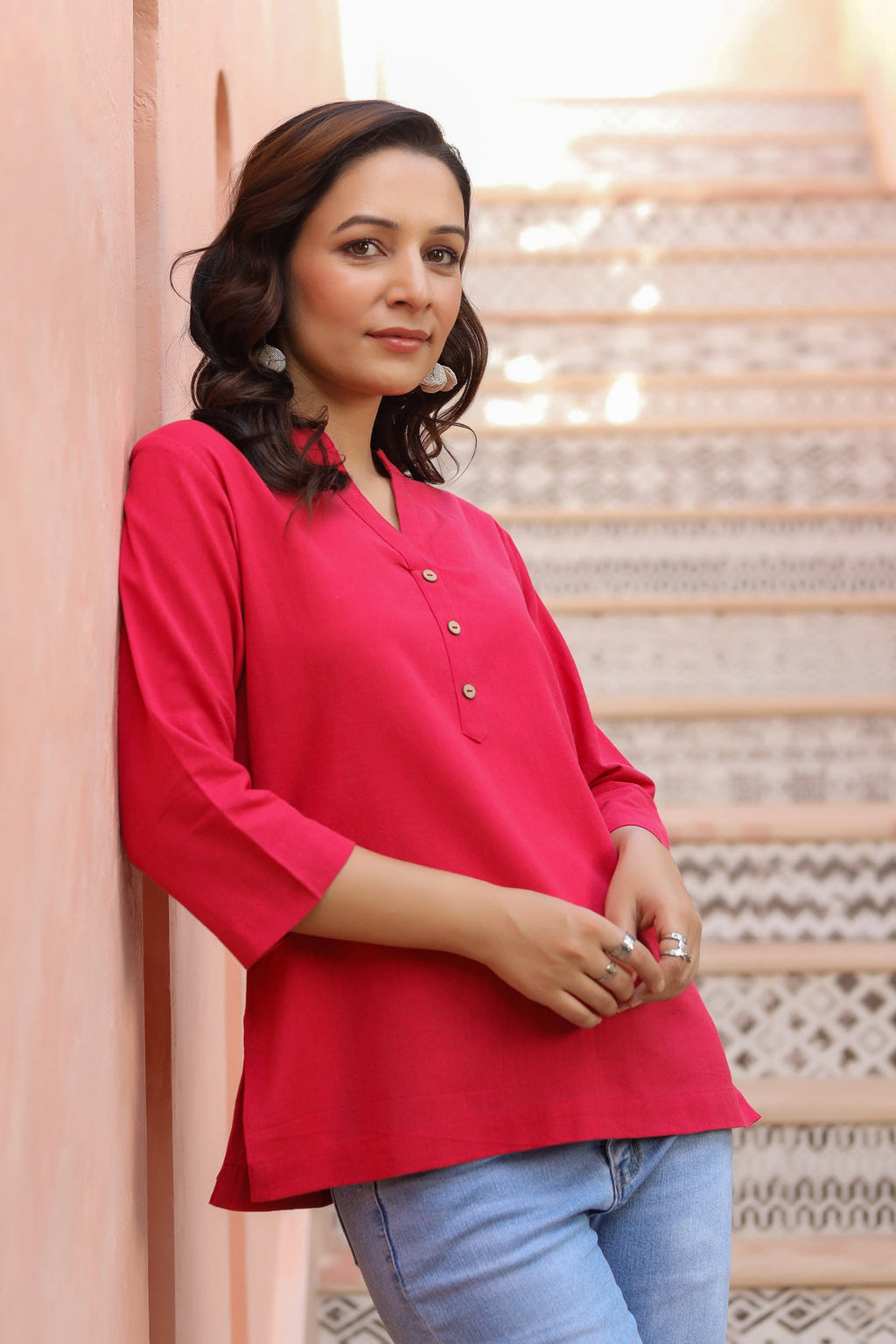 Women Mandarin Collar Pure Cotton Top