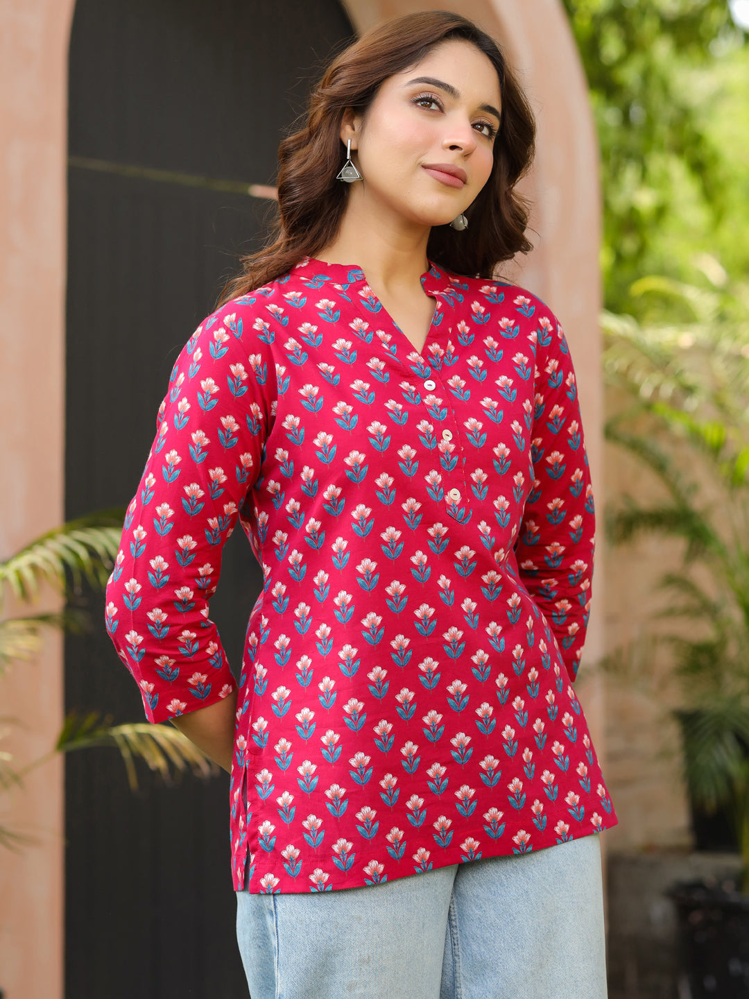 Women Floral Printed Mandarin Collar A-Line Pure Cotton Kurti