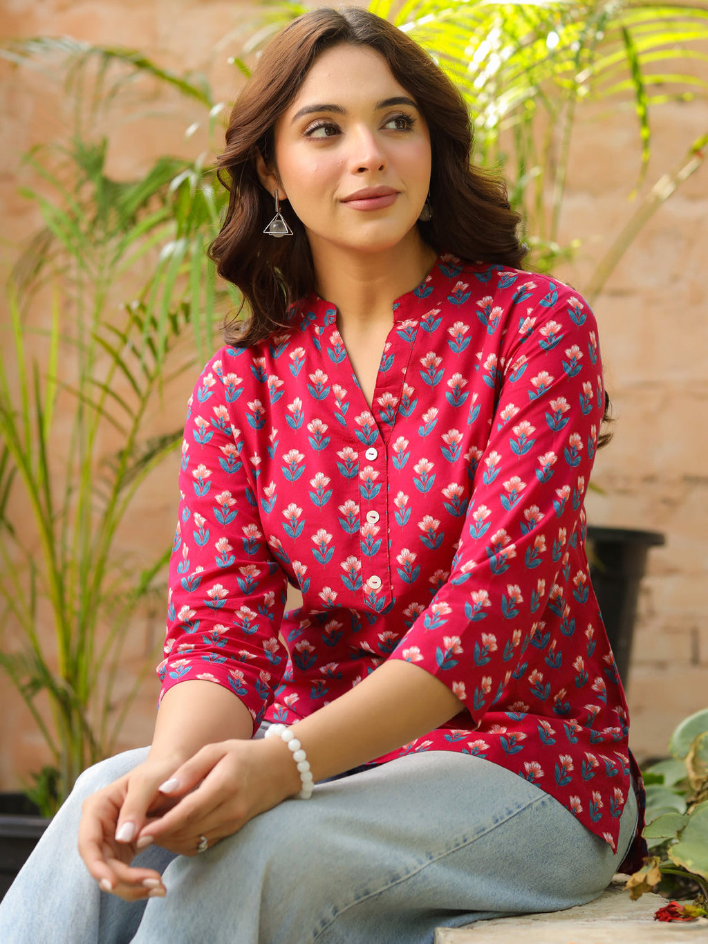 Women Floral Printed Mandarin Collar A-Line Pure Cotton Kurti
