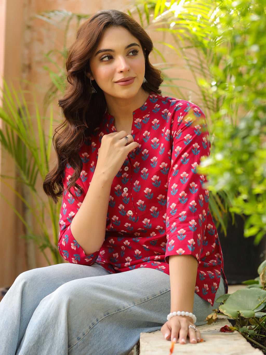 Women Floral Printed Mandarin Collar A-Line Pure Cotton Kurti