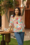 Women Print Tie-Up Neck Crepe Top