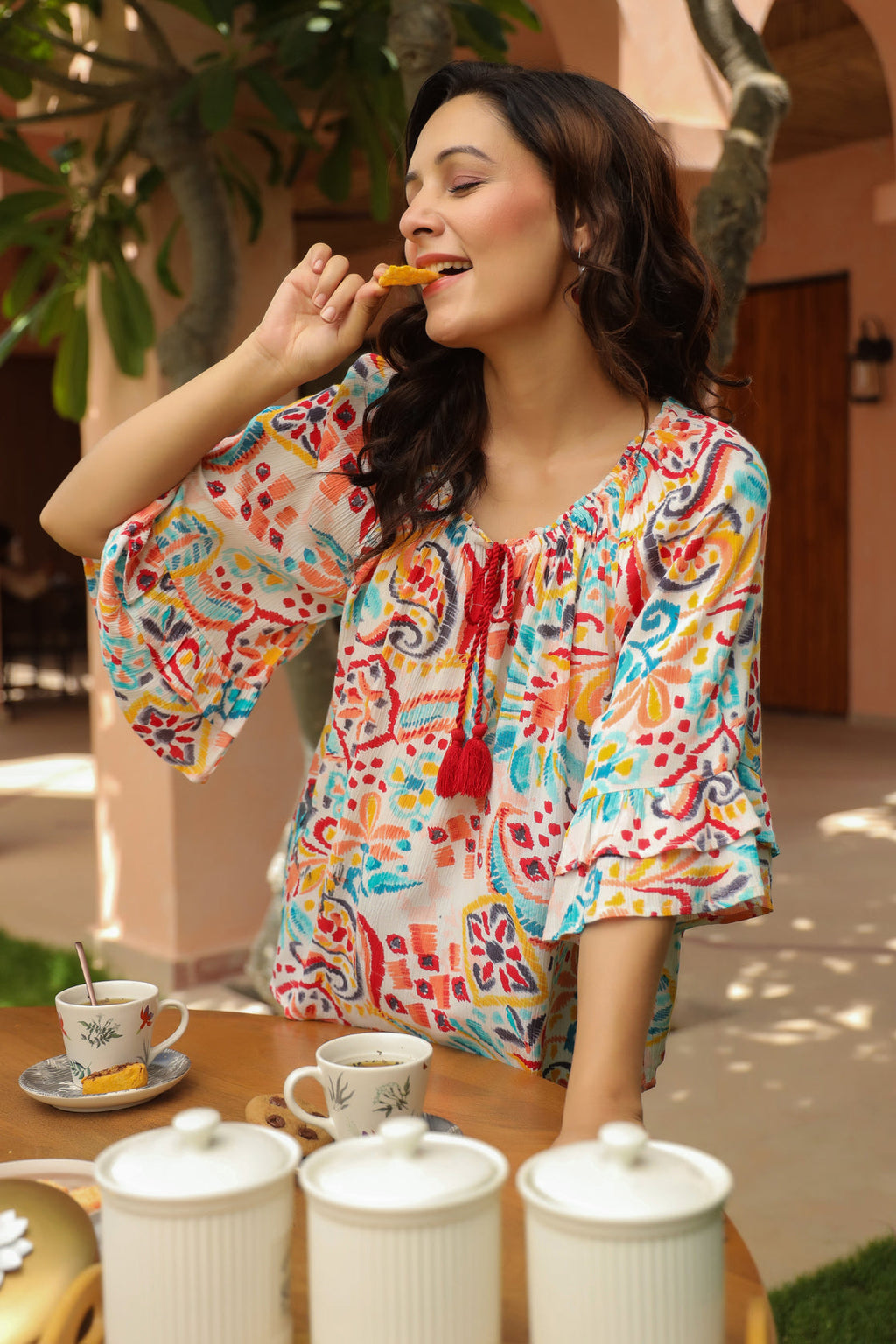 Women Print Tie-Up Neck Crepe Top