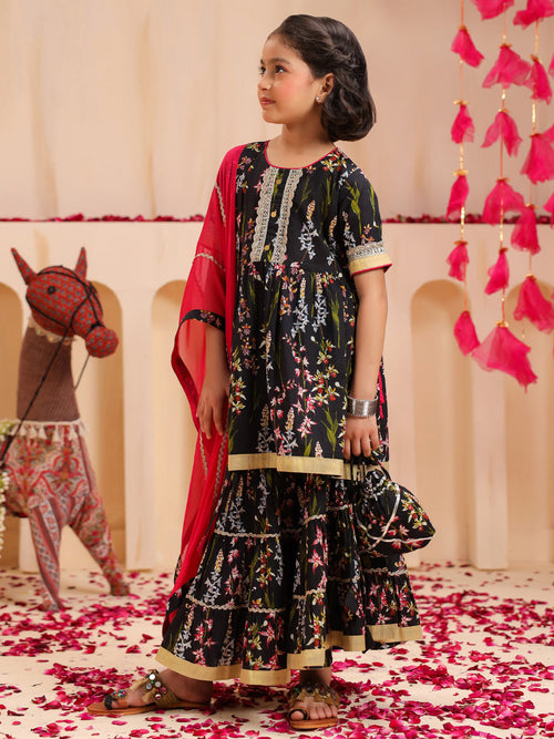 Girls Ethnic Motifs Printed Regular Pure Cotton Kurta with Sharara & With Dupatta
