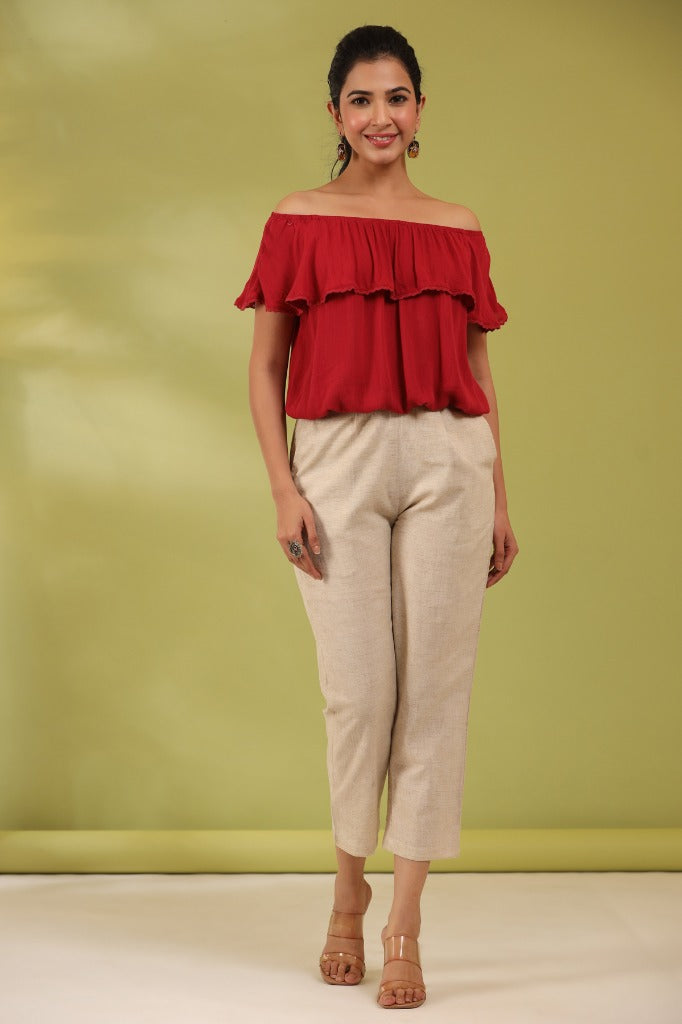 Women Textured Cotton Pleated Cigarette Trousers