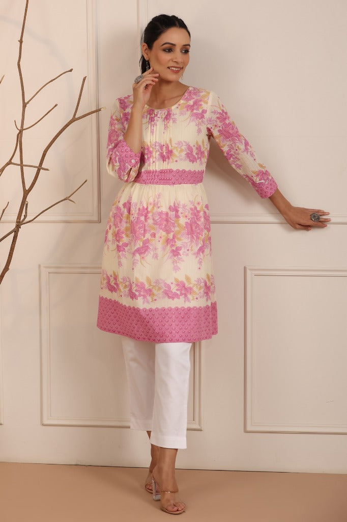 Women Cream and Pink Floral Printed A-Line Tunic