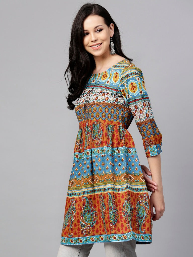Women Blue & Orange Cotton A Line Tunic