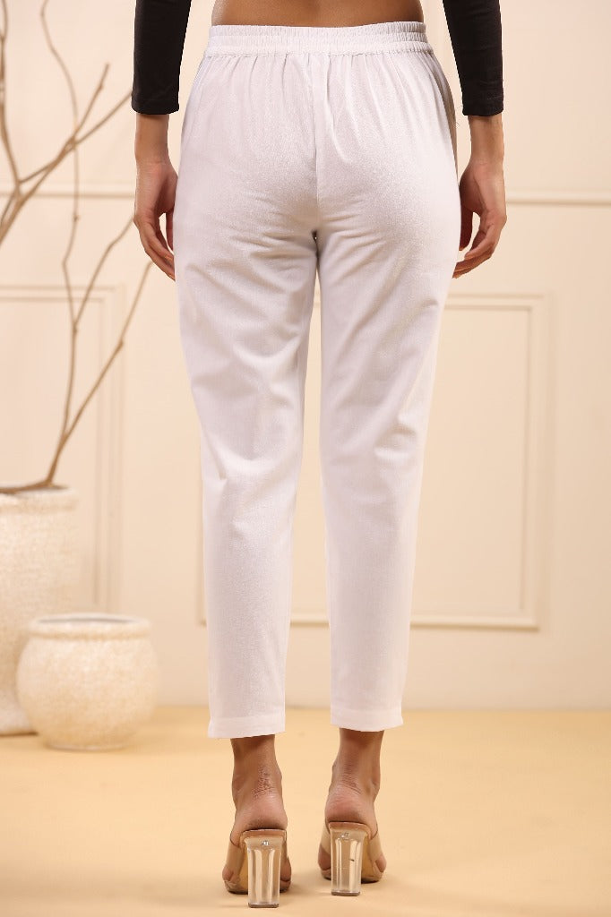 Stylish White Cotton Pleated Cigarette Trousers