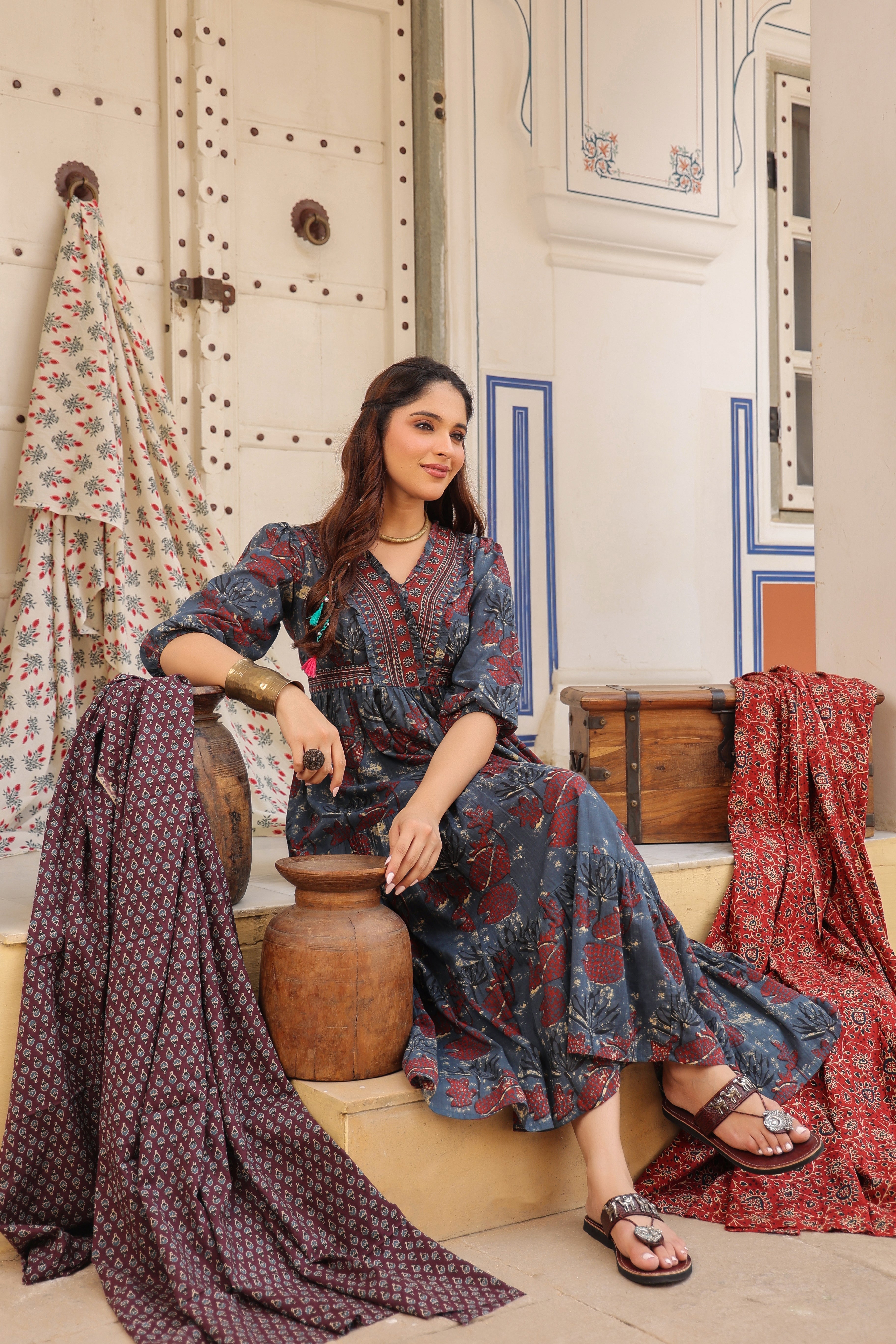 Printed V-Neck Fit and Flare Ethnic Dresses