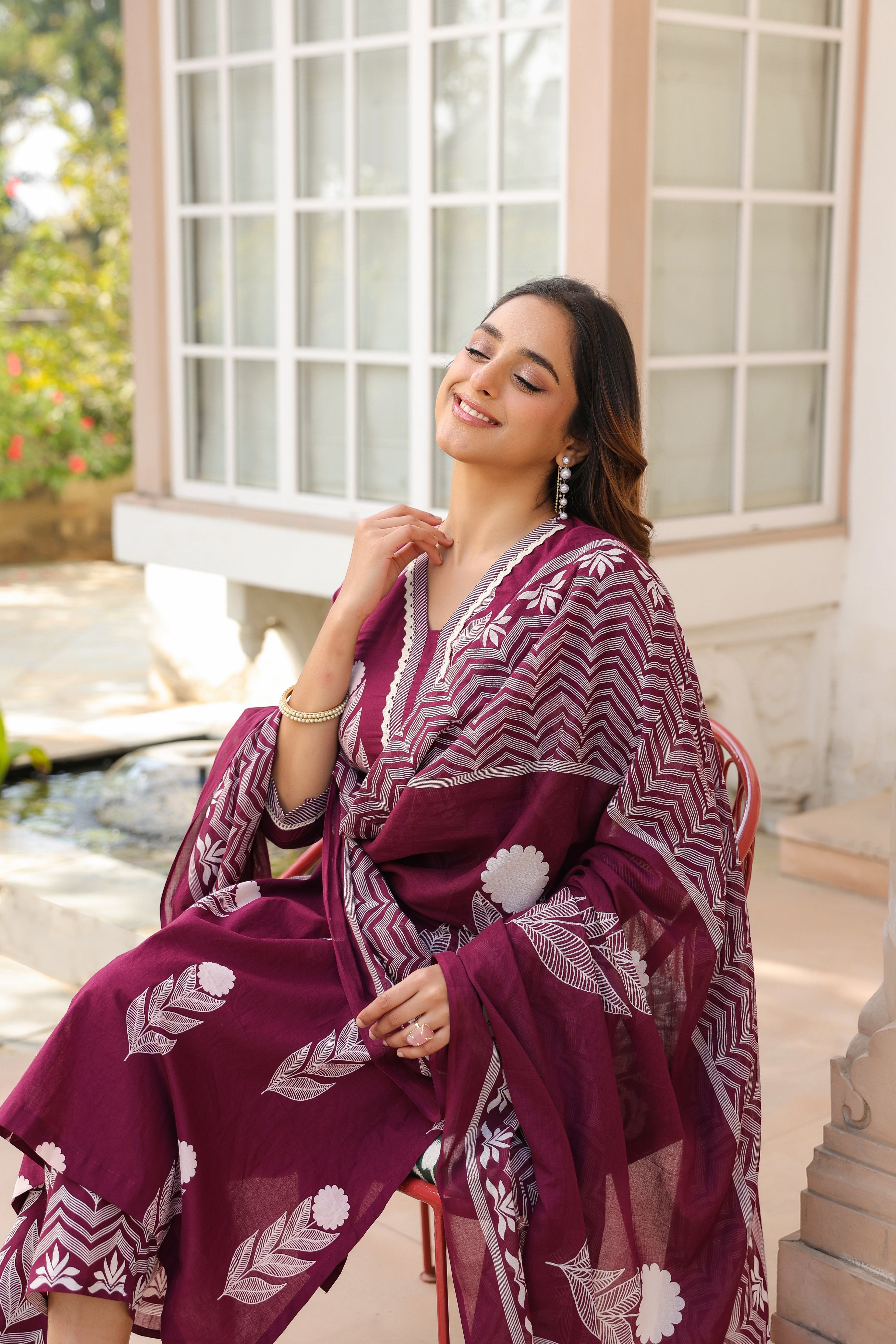 Ethnic Motifs Printed Pure Cotton Kurta with Trousers & With Dupatta