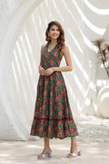 Women Green & Maroon Floral Printed Cotton A Line Ethnic Dresses