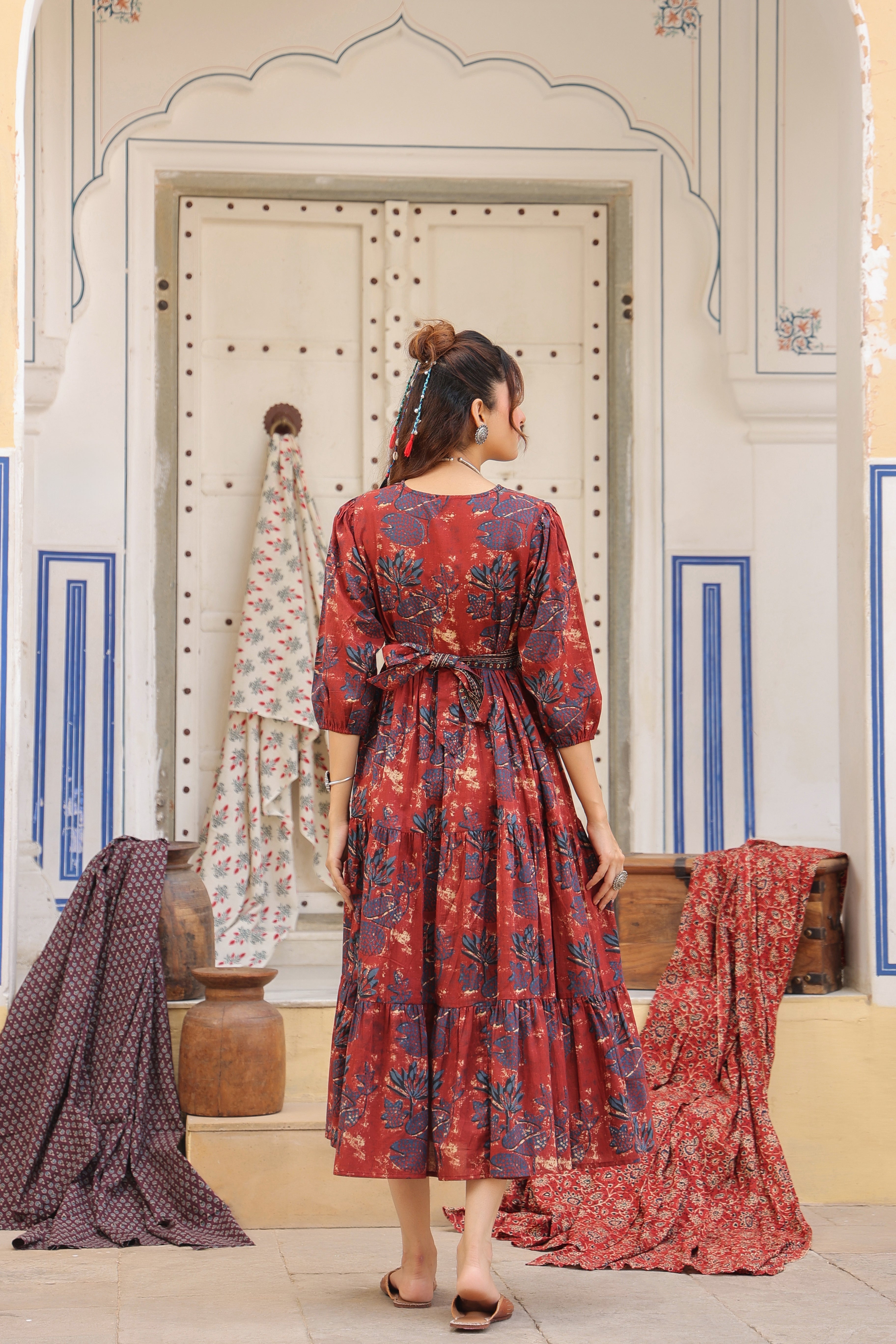 Printed V-Neck Fit and Flare Ethnic Dresses