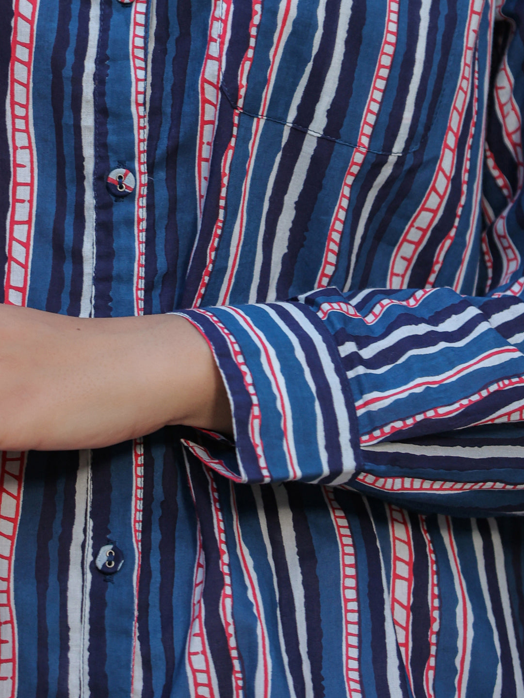 Women Indigo Striped Pure Cotton Shirt Tunic, Shirt collar