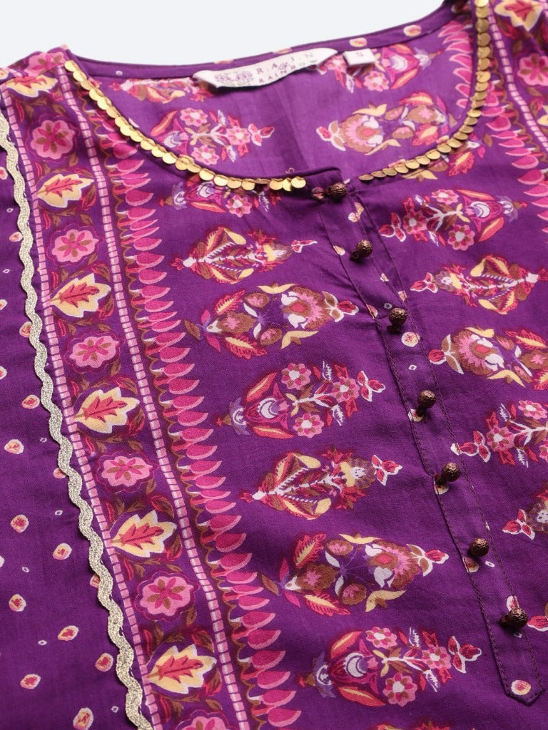 Women Purple & Pink Pure Cotton Screen Printed Straight Kurta