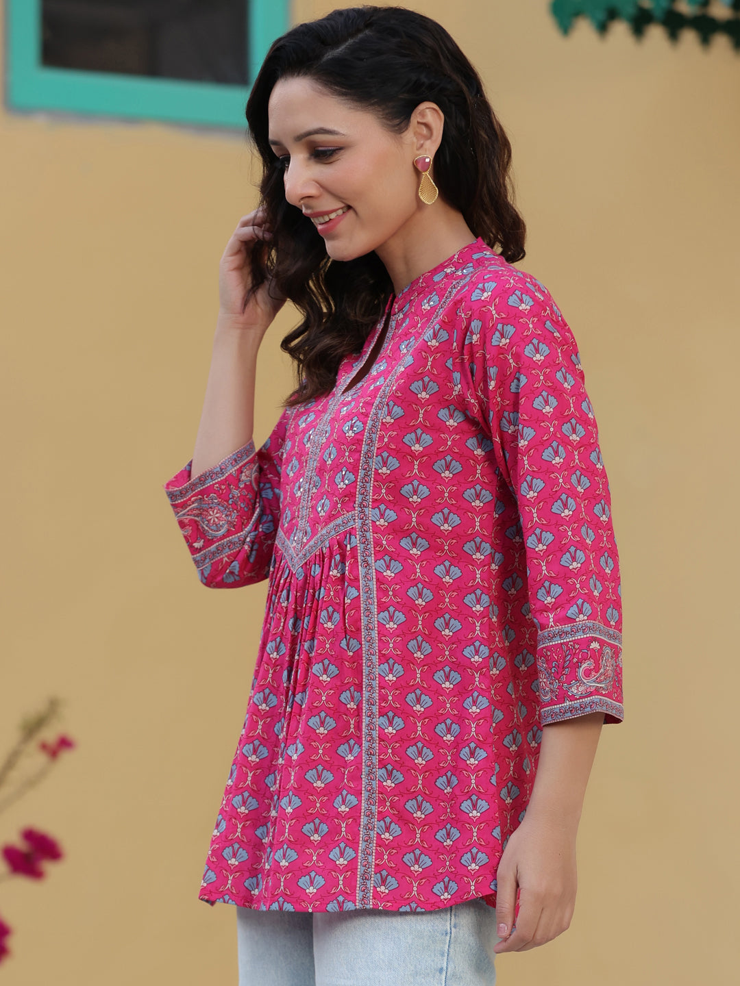 Women Fuchisia Ethnic Motifs Printed Pure Cotton A-line Kurti