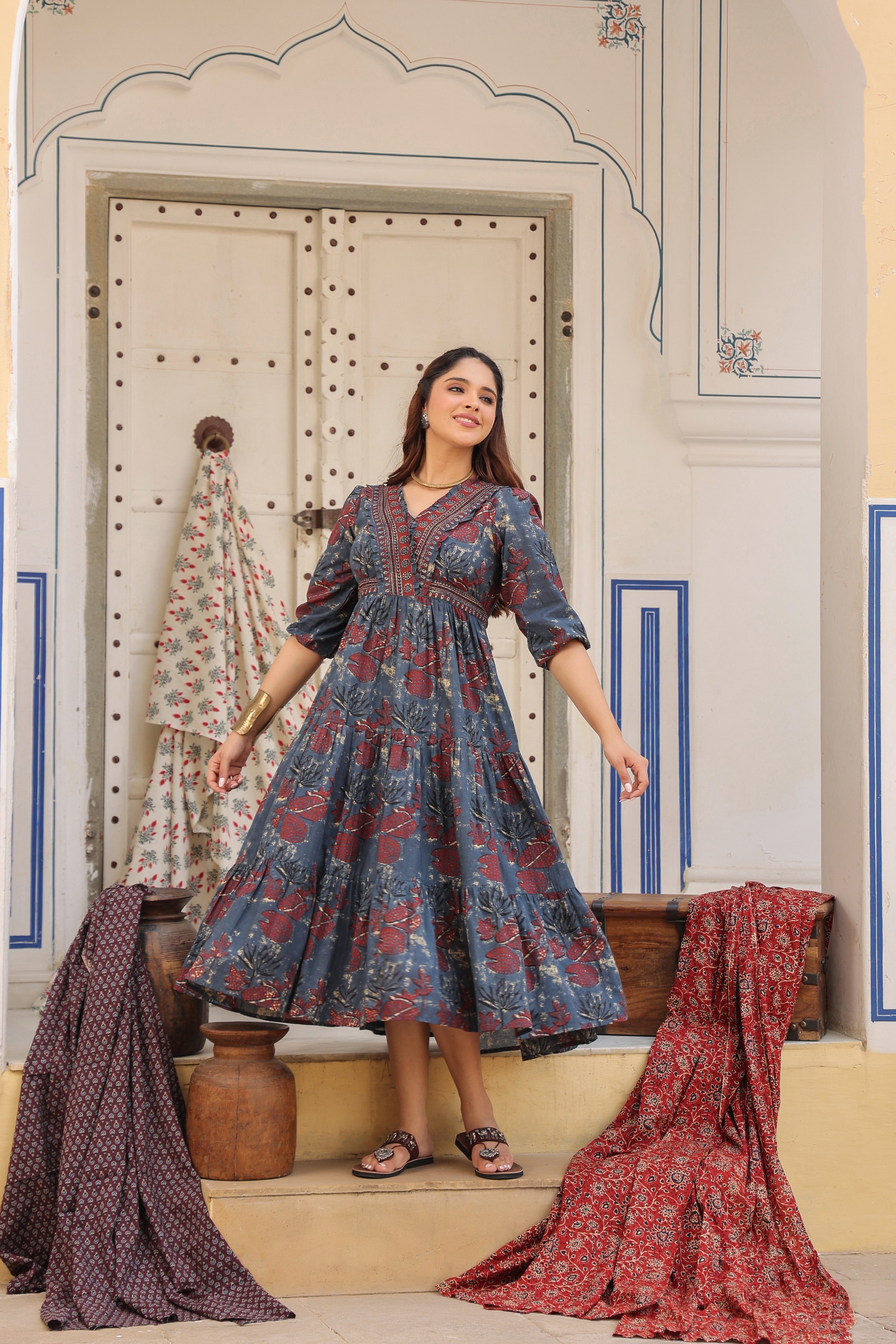 Printed V-Neck Fit and Flare Ethnic Dresses