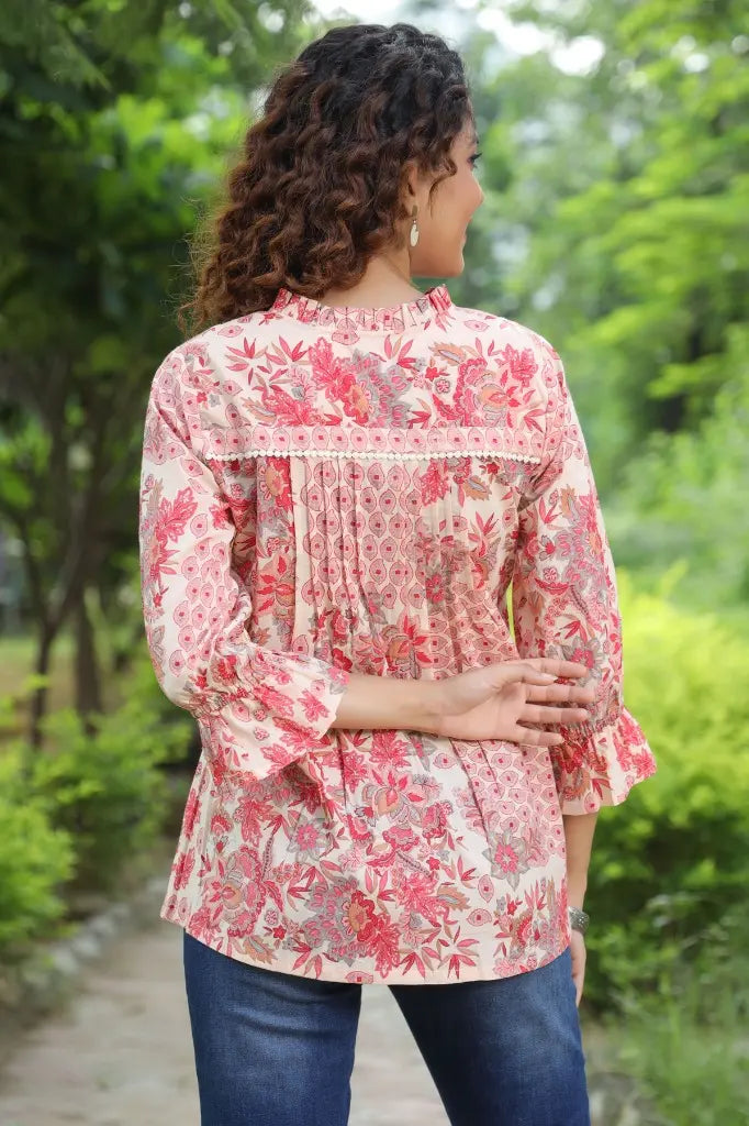 Women Peach Floral Printed Ruffle Top