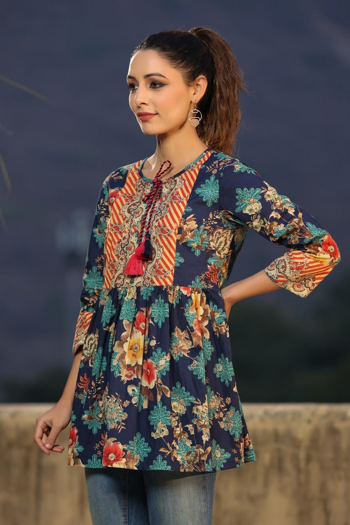 Women Blue Floral Printed Cotton A-Line Peplum Top
