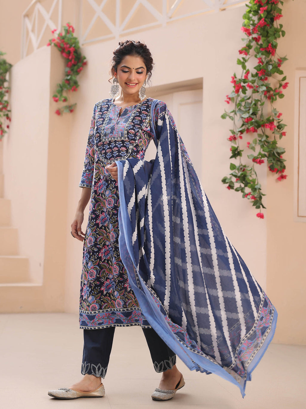 Women Blue Floral Printed Pure Cotton Straight Kurta With Trouser And Dupatta