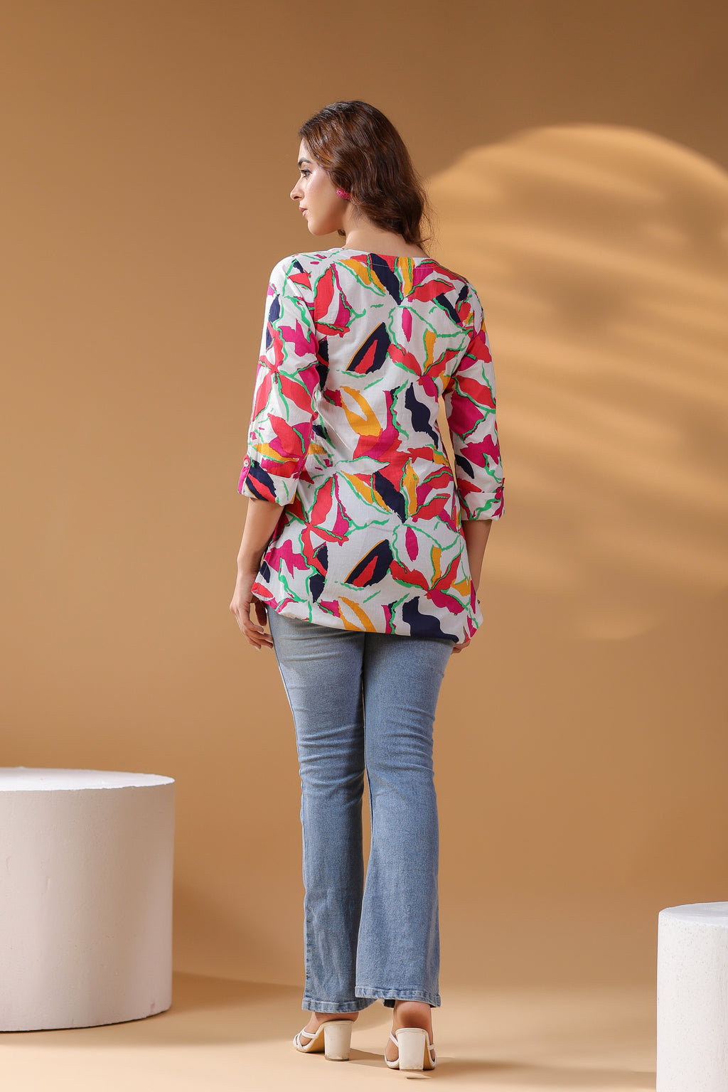Women Floral Printed Three-Quarter Sleeves Cotton Top