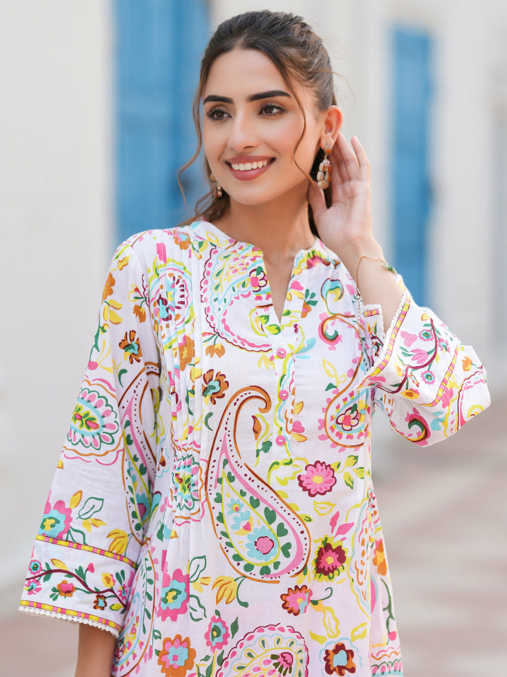 Paisley Printed Mandarin Collar Straight Cotton Kurta