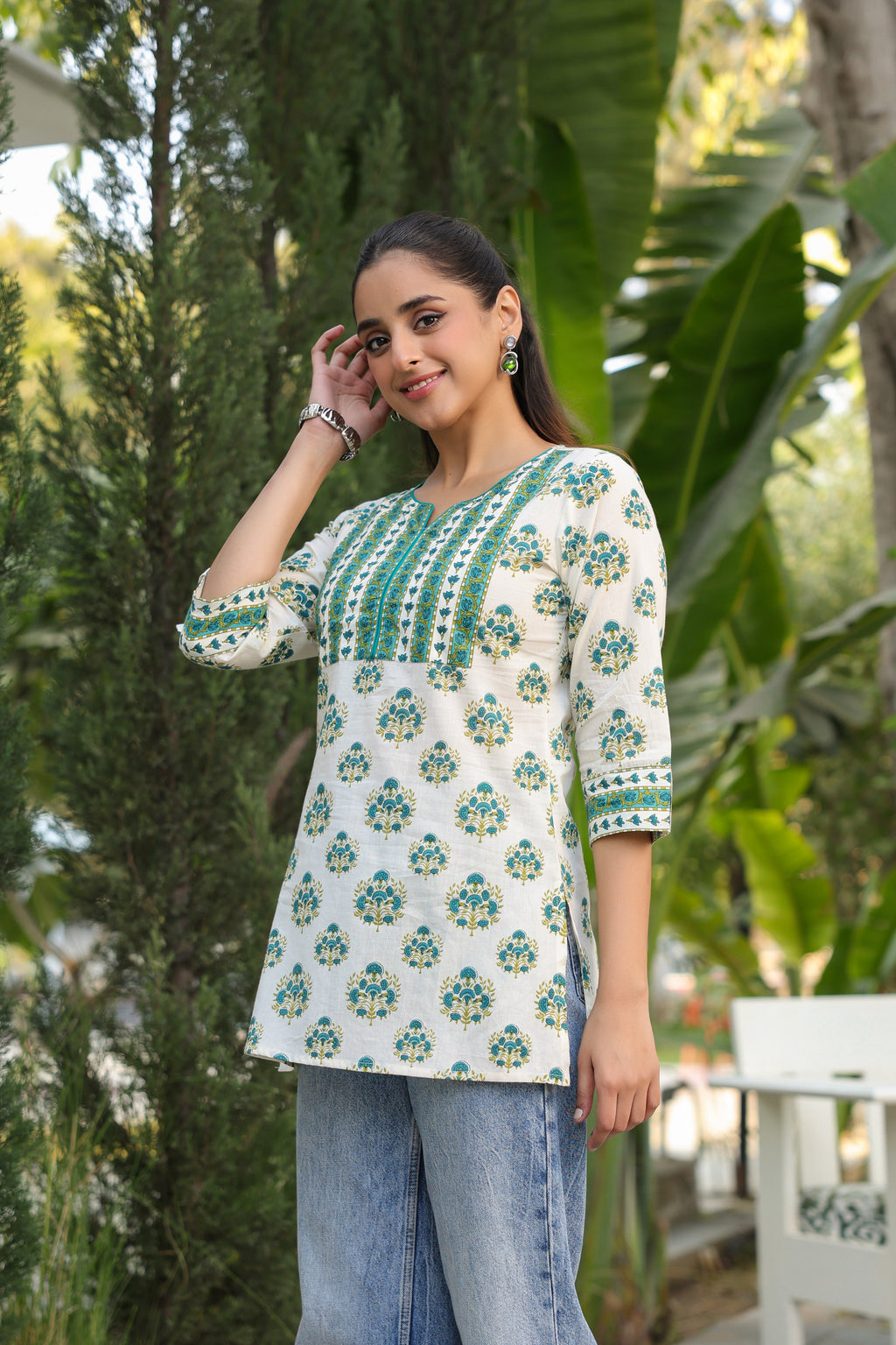 Floral Printed Notch Neck Pure Cotton Kurti