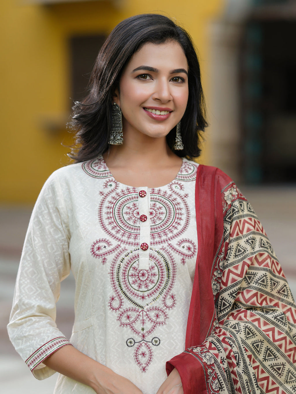 Women Embroidered Regular Sequinned Cotton Kurta with Trousers & Dupatta