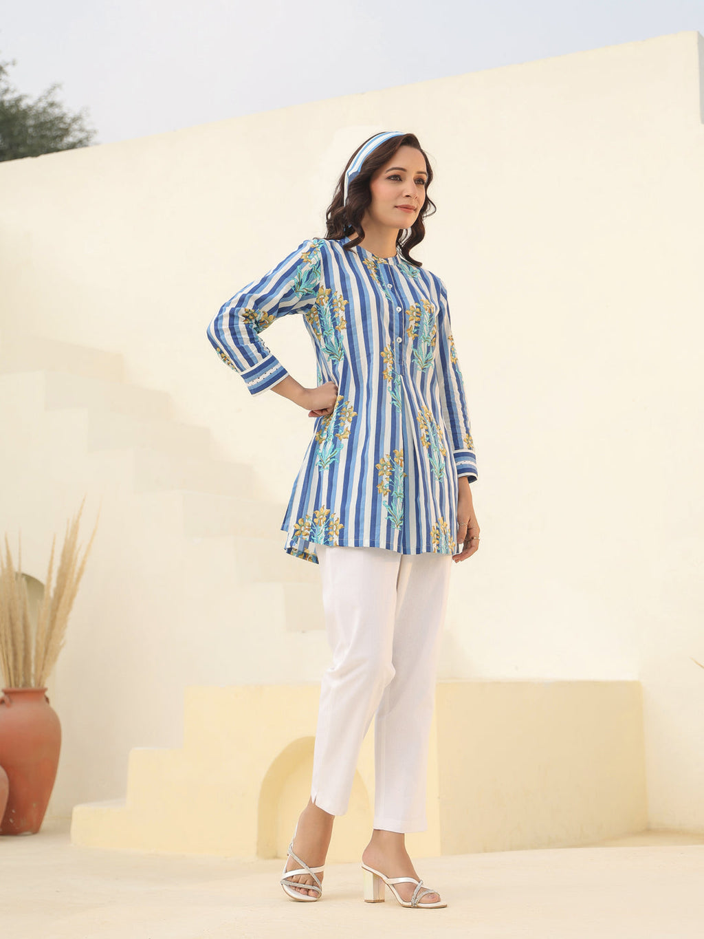 Women Mandarin Collar Striped Pure Cotton Tunic
