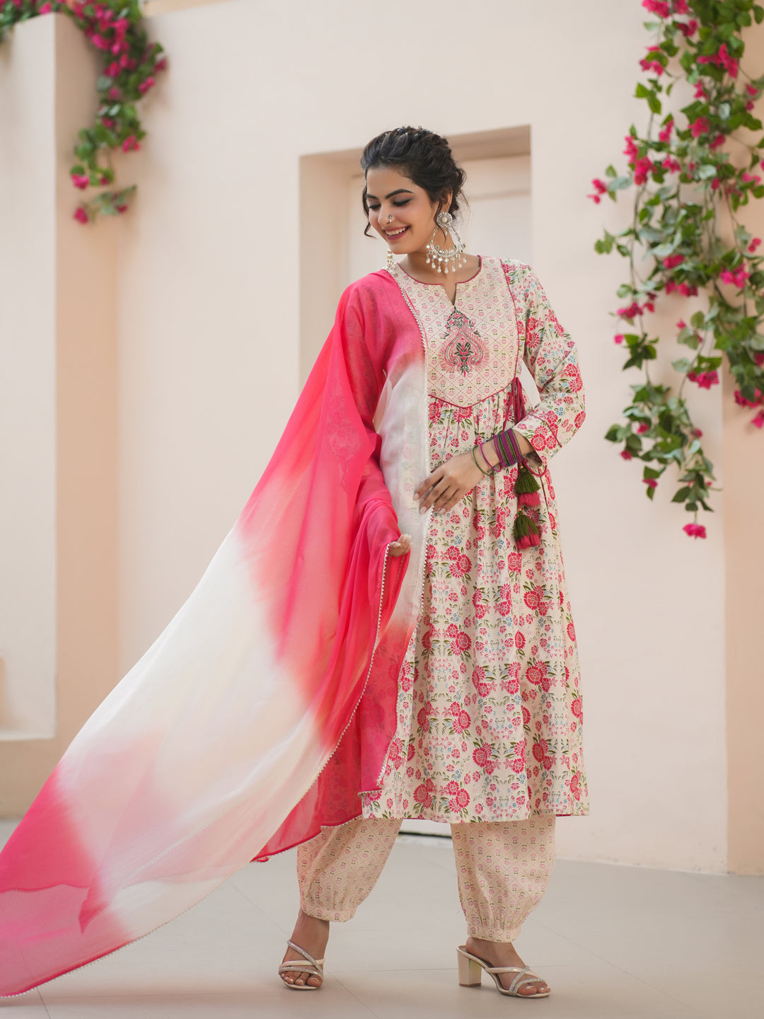 Floral Printed Thread Work Pure Cotton Kurta with Salwar & Dupatta