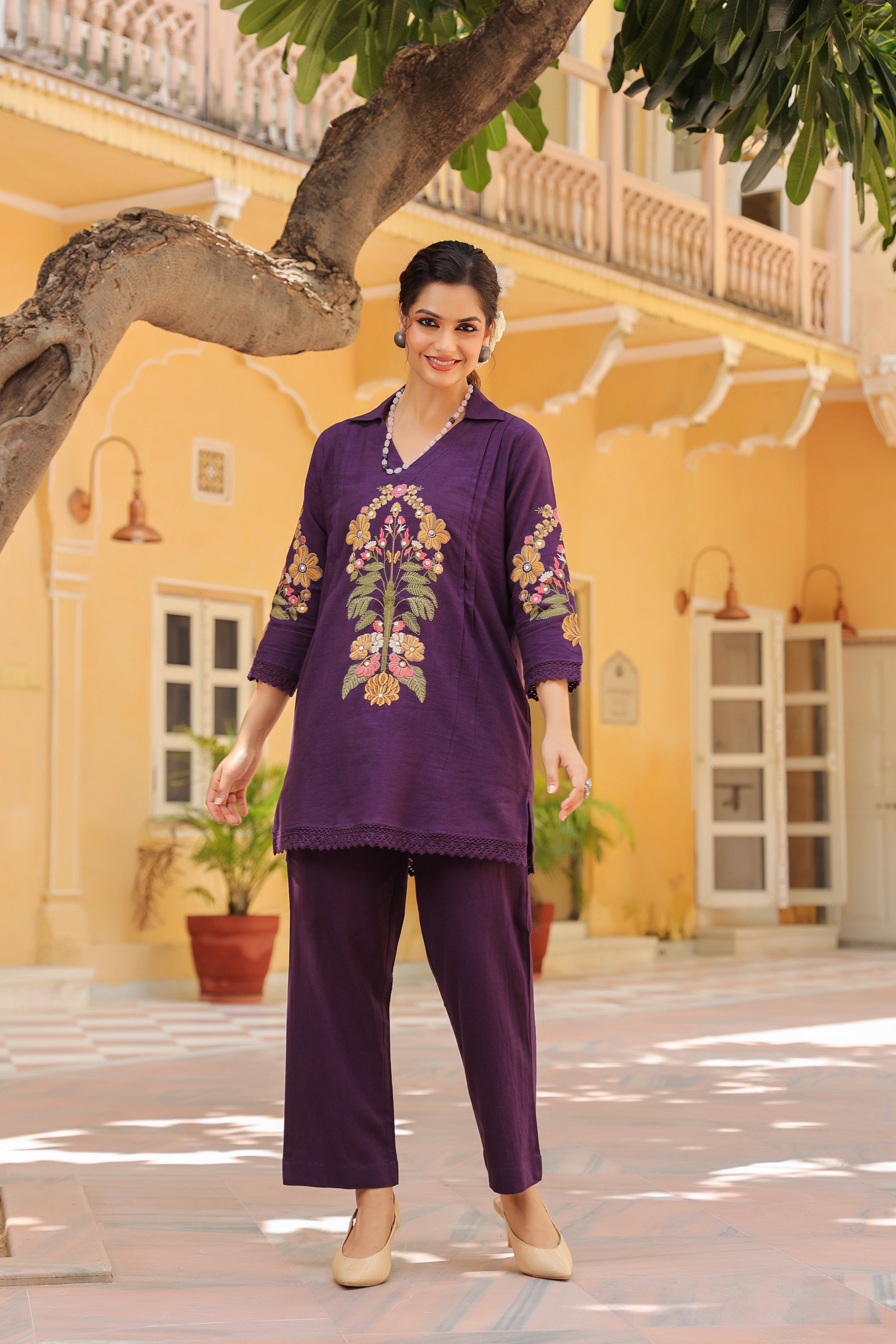 Floral Embroidered Top & Trousers Co-Ords Set