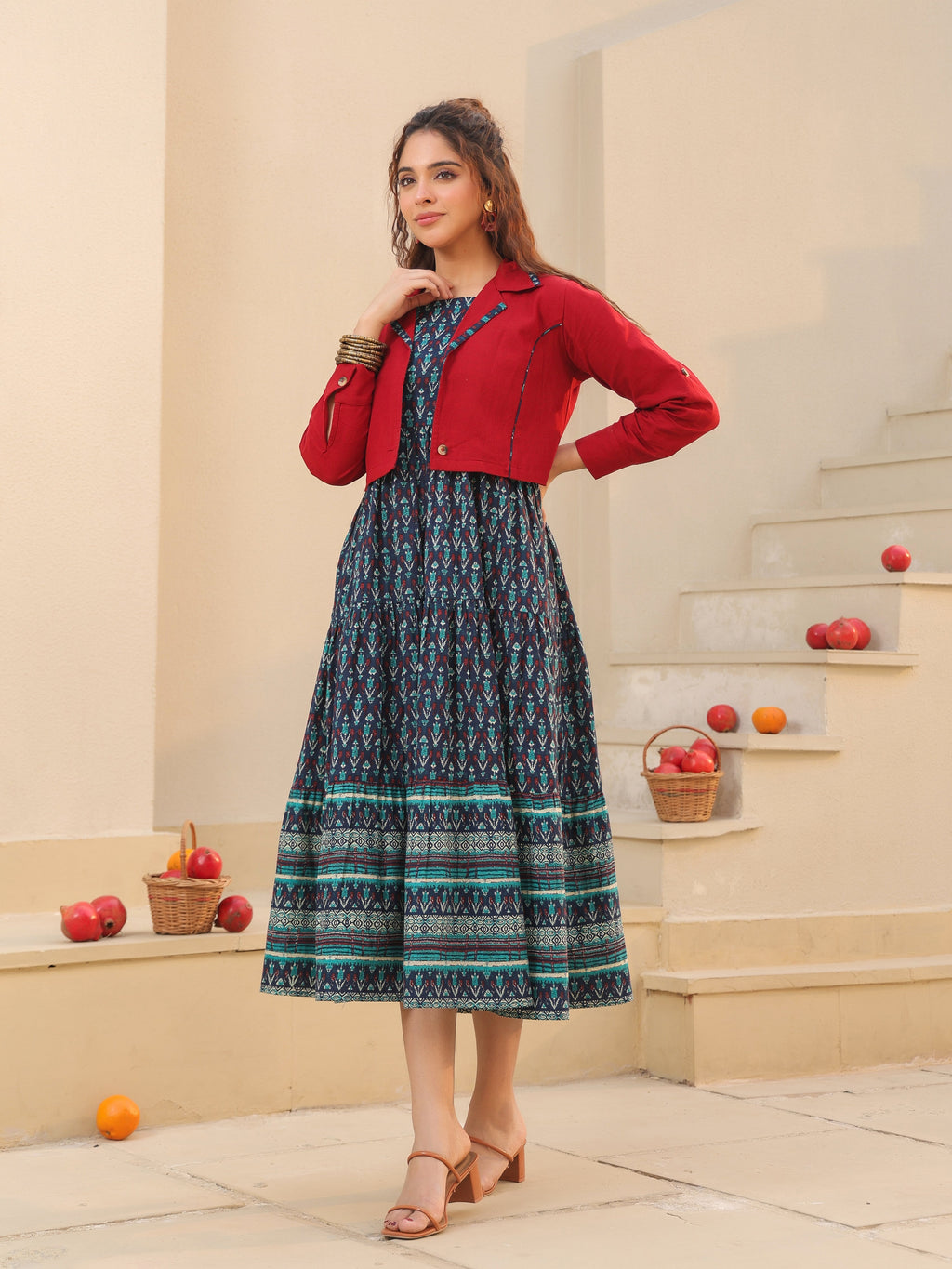 Women Ethnic Motifs Printed Fit & Flare Dress With Jacket