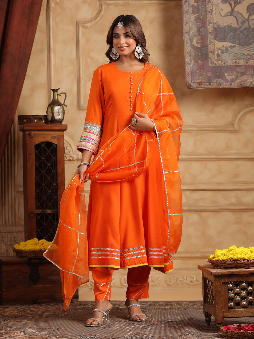 Women Regular Gotta Patti Anarkali Kurta With Trousers & Dupatta