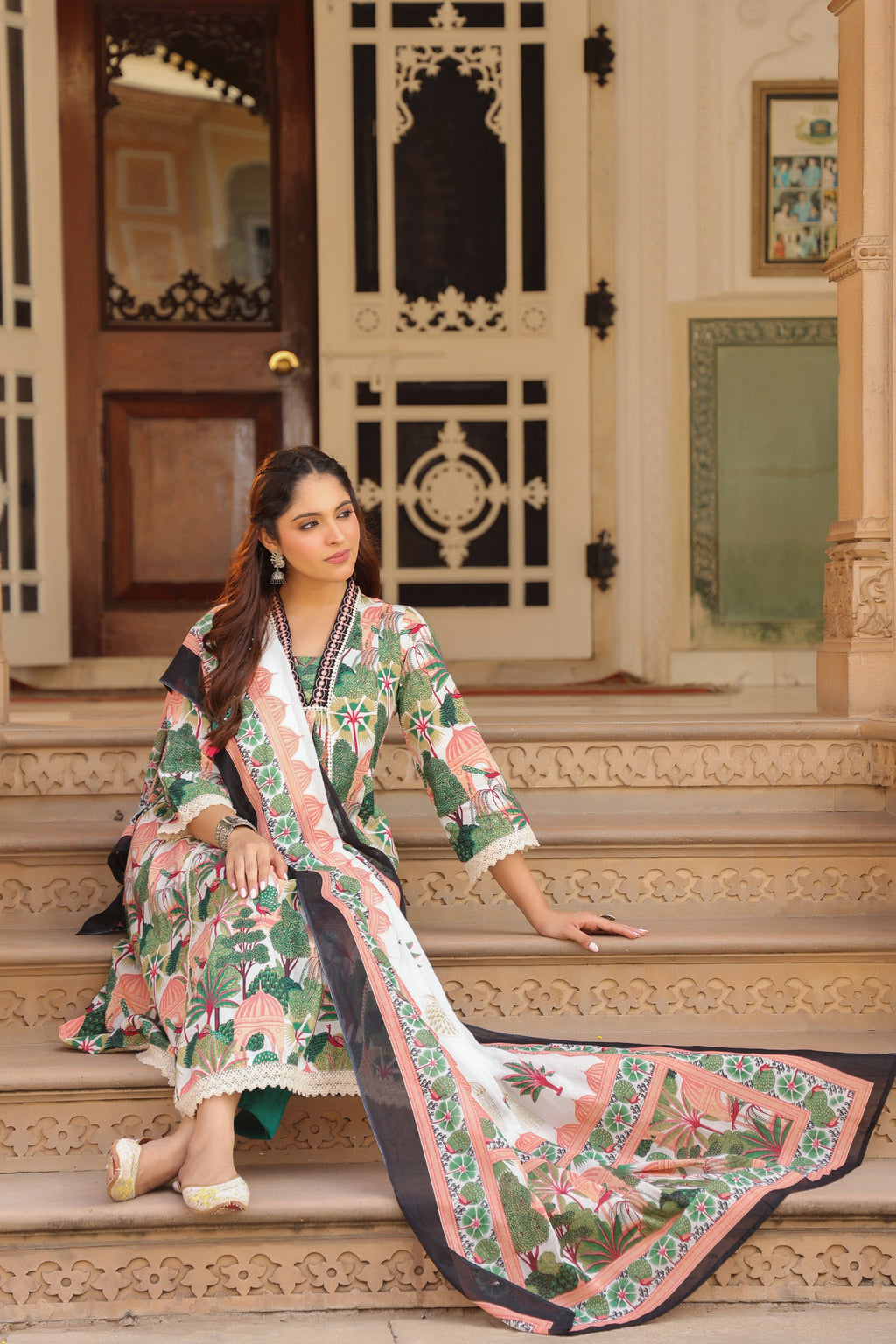 Women Floral Printed Cotton Anarkali Kurta with Trousers & Dupatta