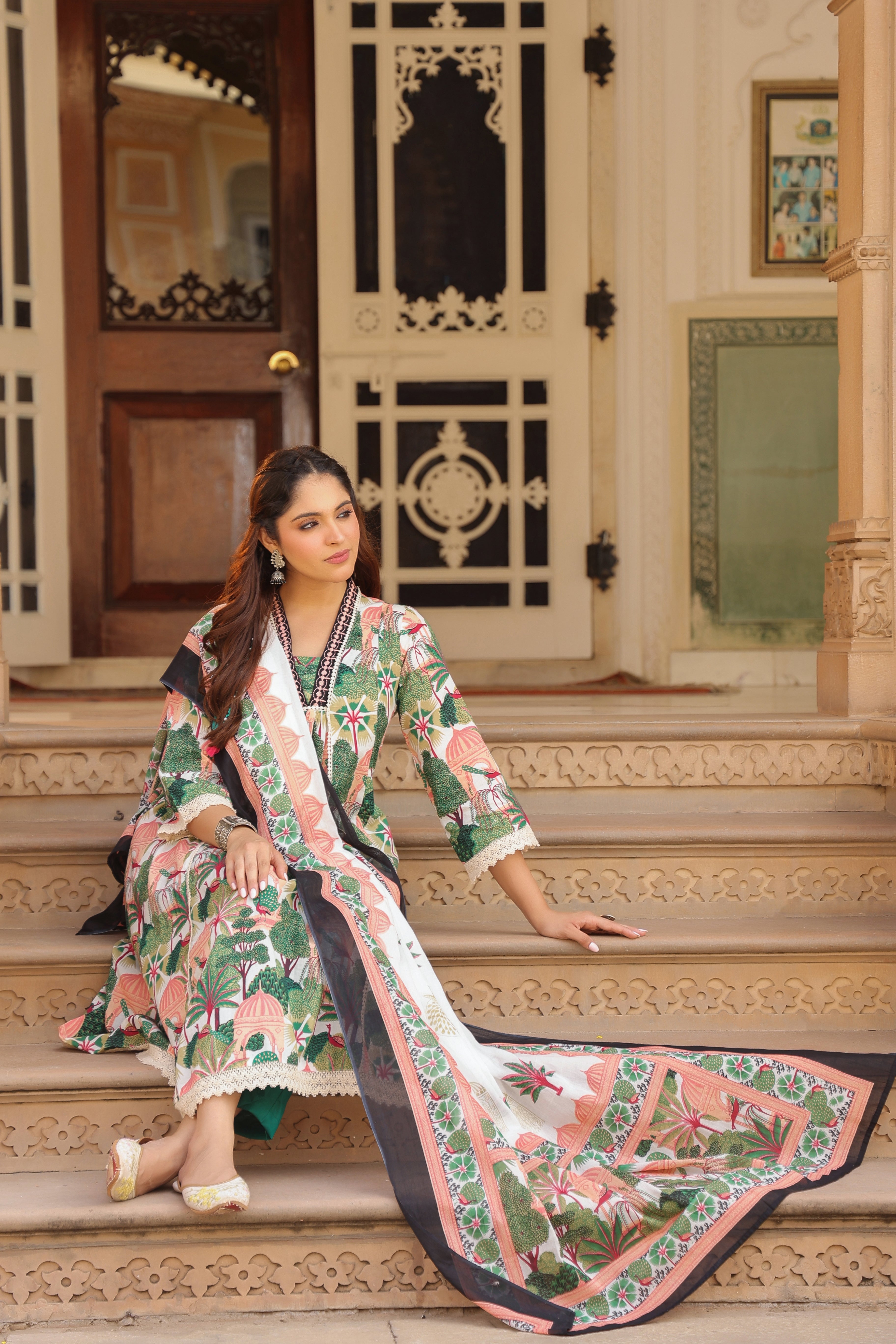 Women Floral Printed Cotton Anarkali Kurta with Trousers & Dupatta