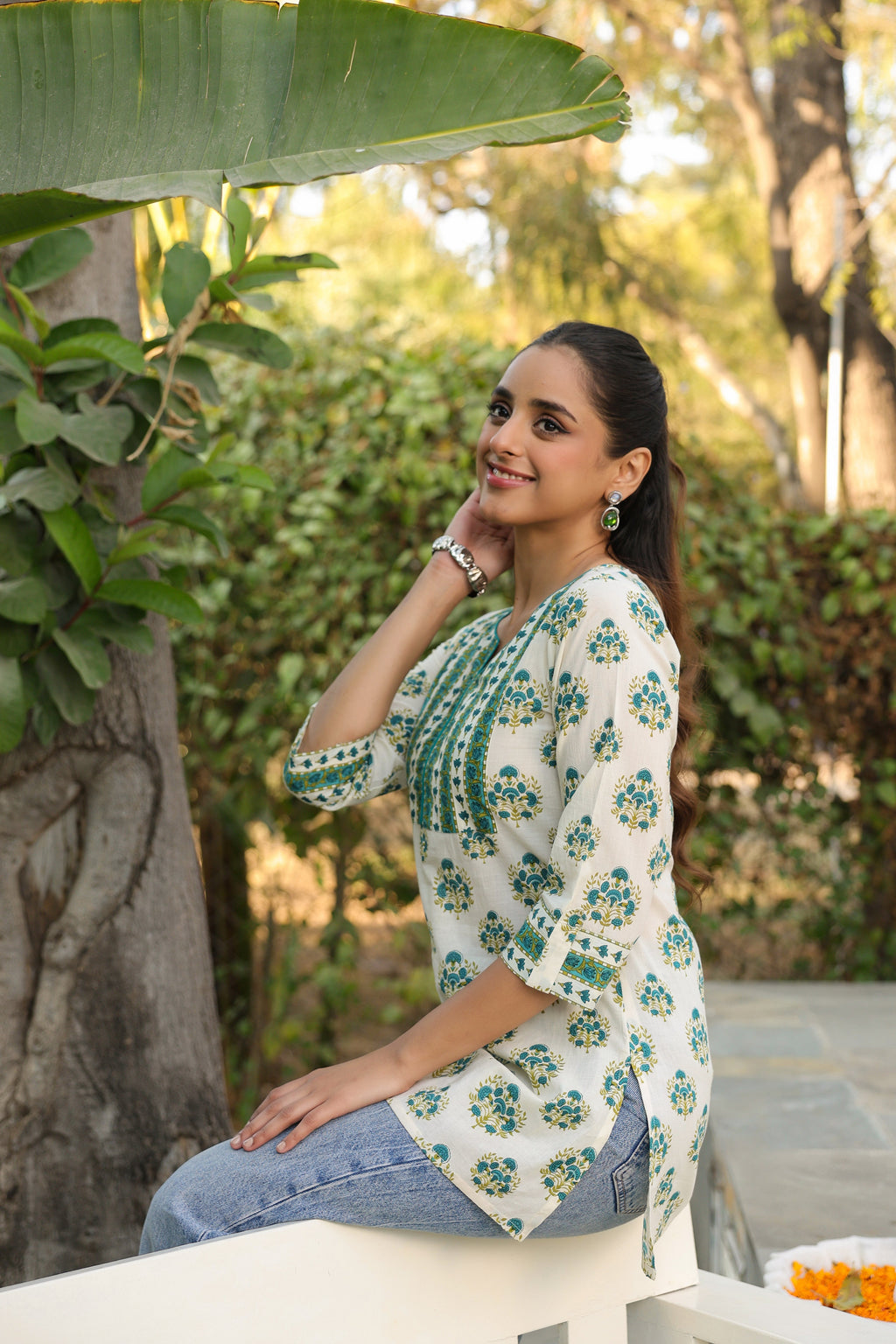 Floral Printed Notch Neck Pure Cotton Kurti