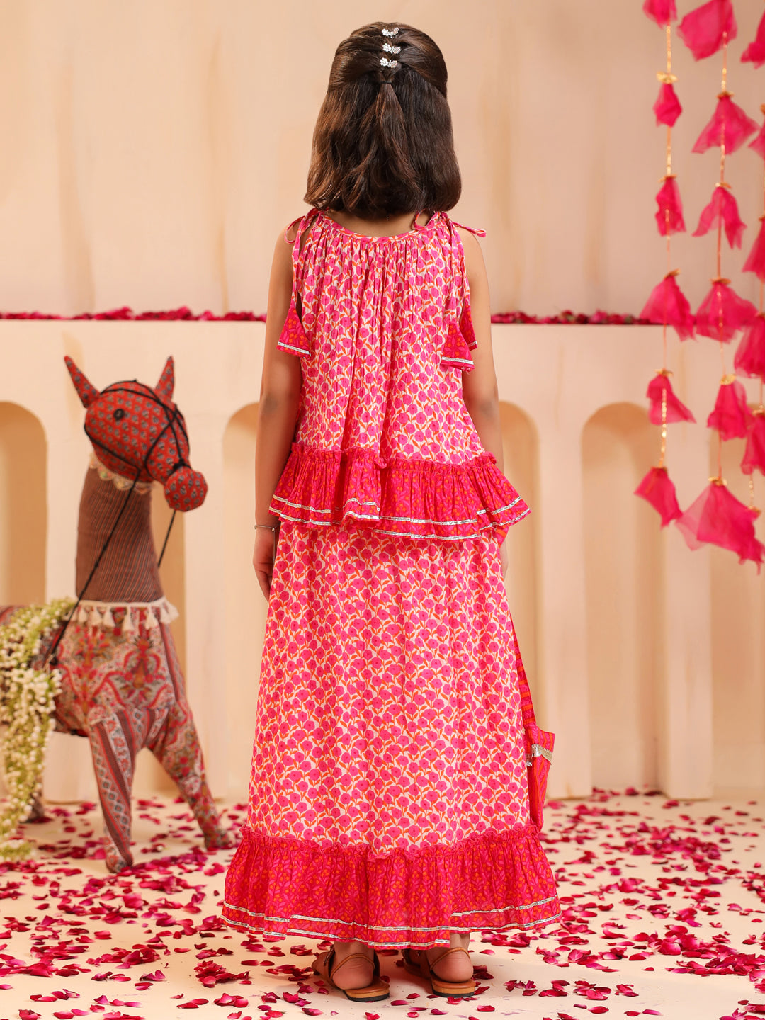 Girls Floral Printed Gotta Patti Pure Cotton Top with Skirt & Dupatta