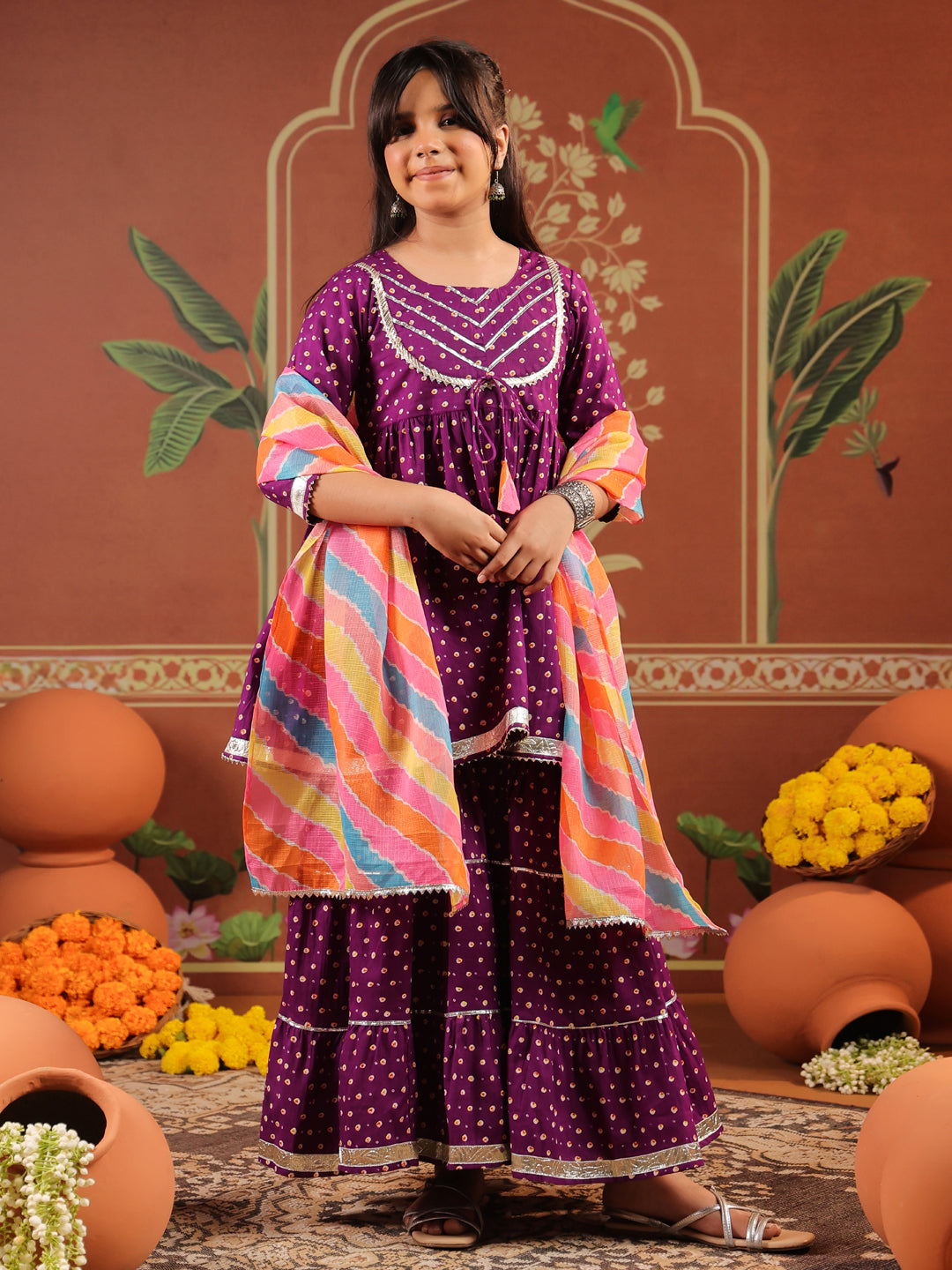Girls Floral Printed Regular Gotta Patti Pure Cotton Kurti with Sharara & With Dupatta