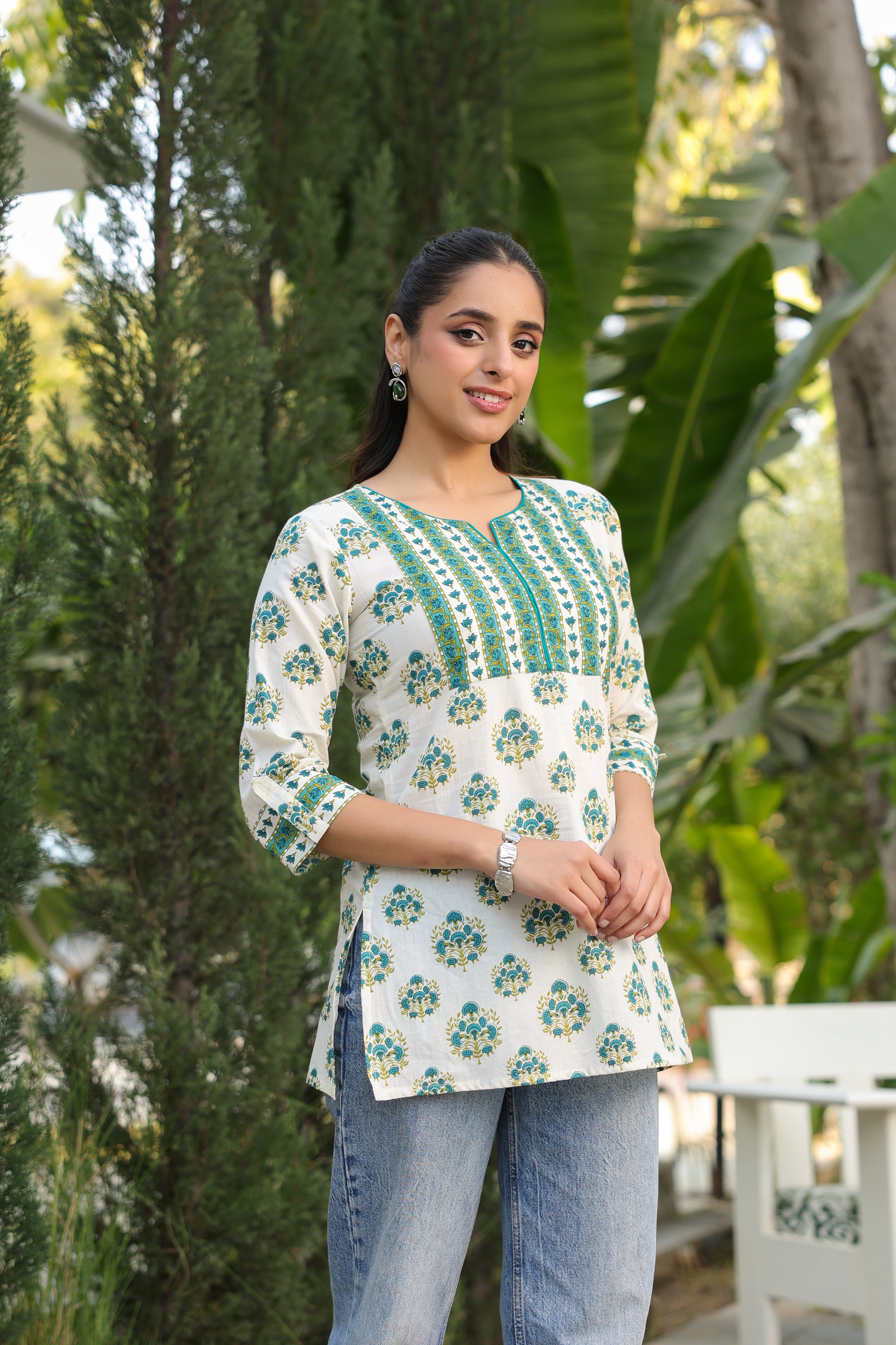 Floral Printed Notch Neck Pure Cotton Kurti