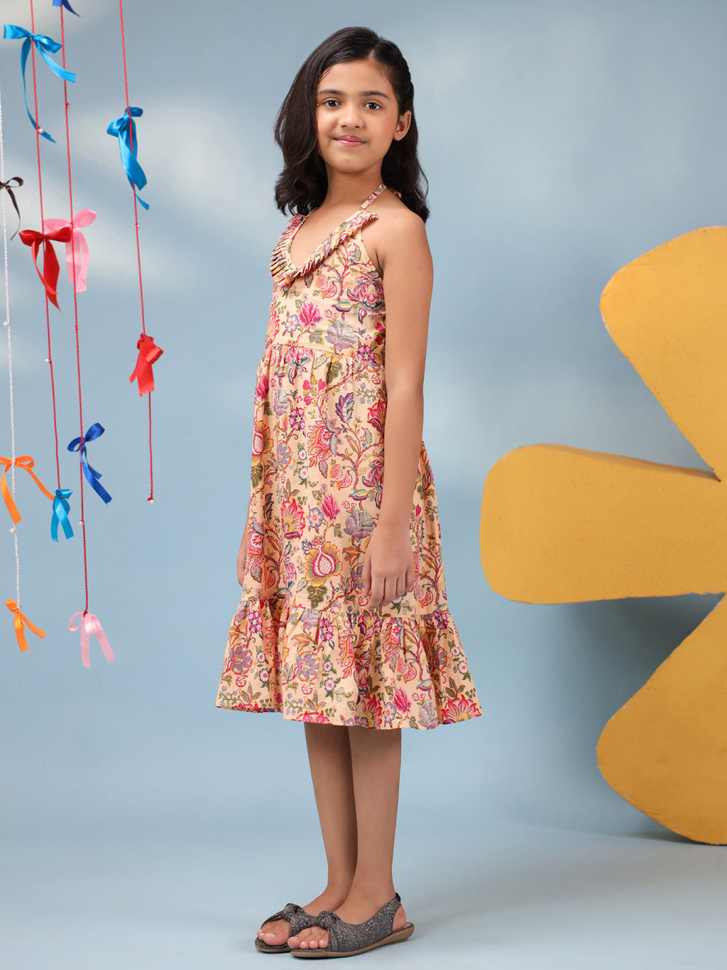 Girls Floral Printed Halter Neck Tiered Fit and Flare Midi Dress