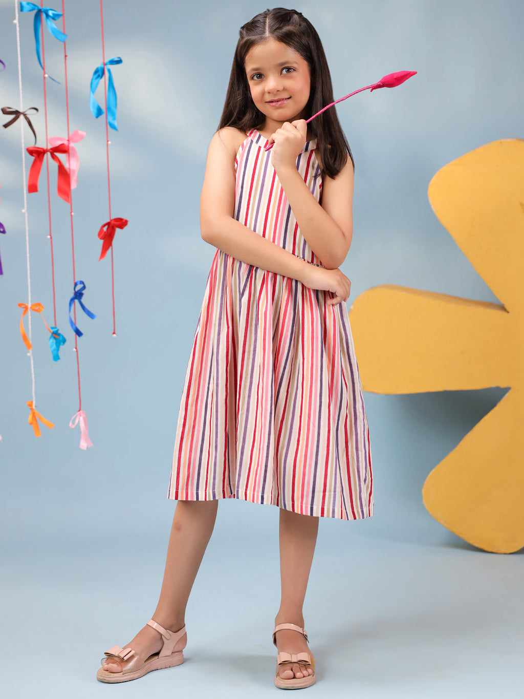 Girls Striped Pure Cotton Fit & Flared Ethnic Dresses