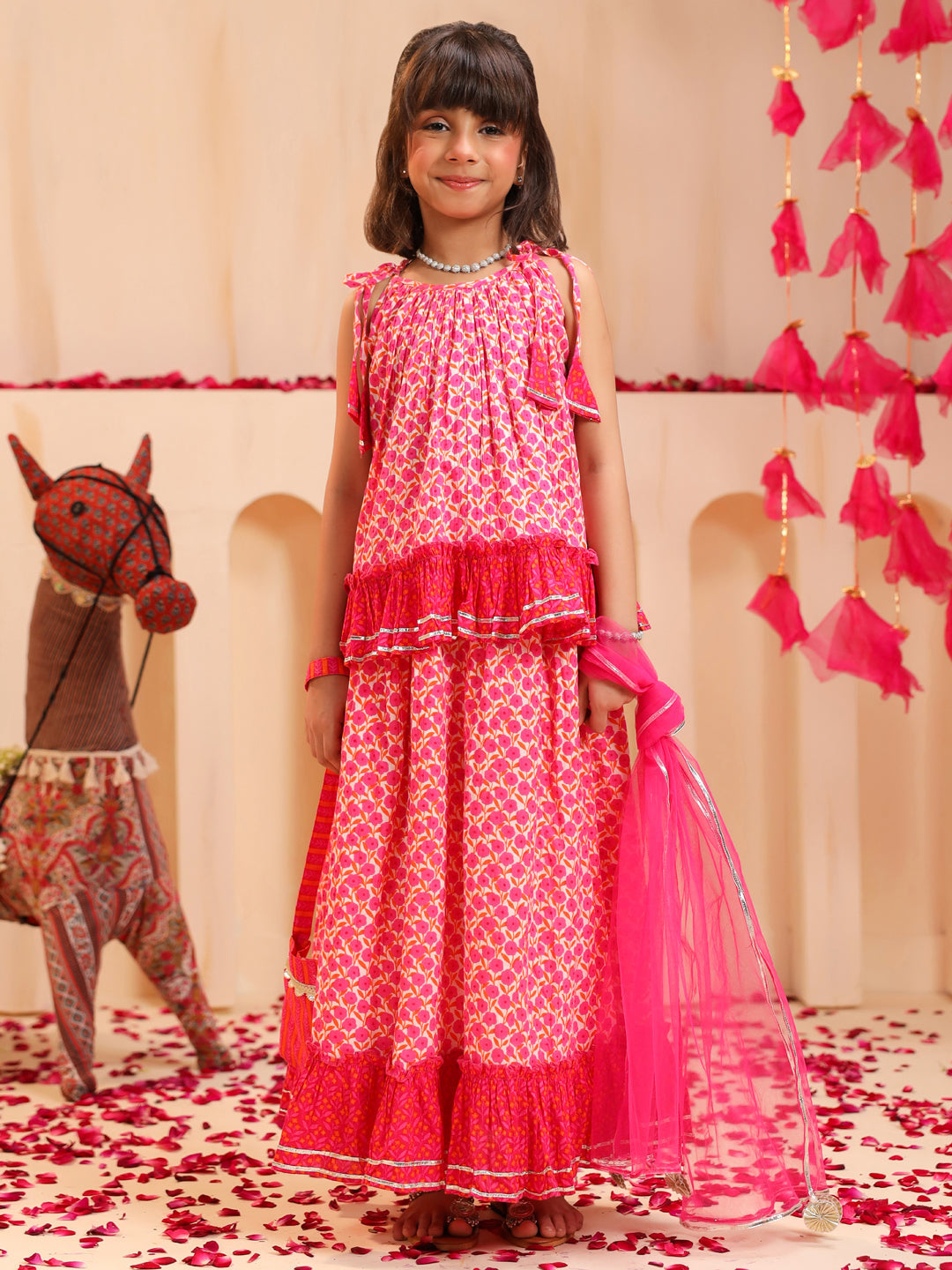 Girls Floral Printed Gotta Patti Pure Cotton Top with Skirt & Dupatta