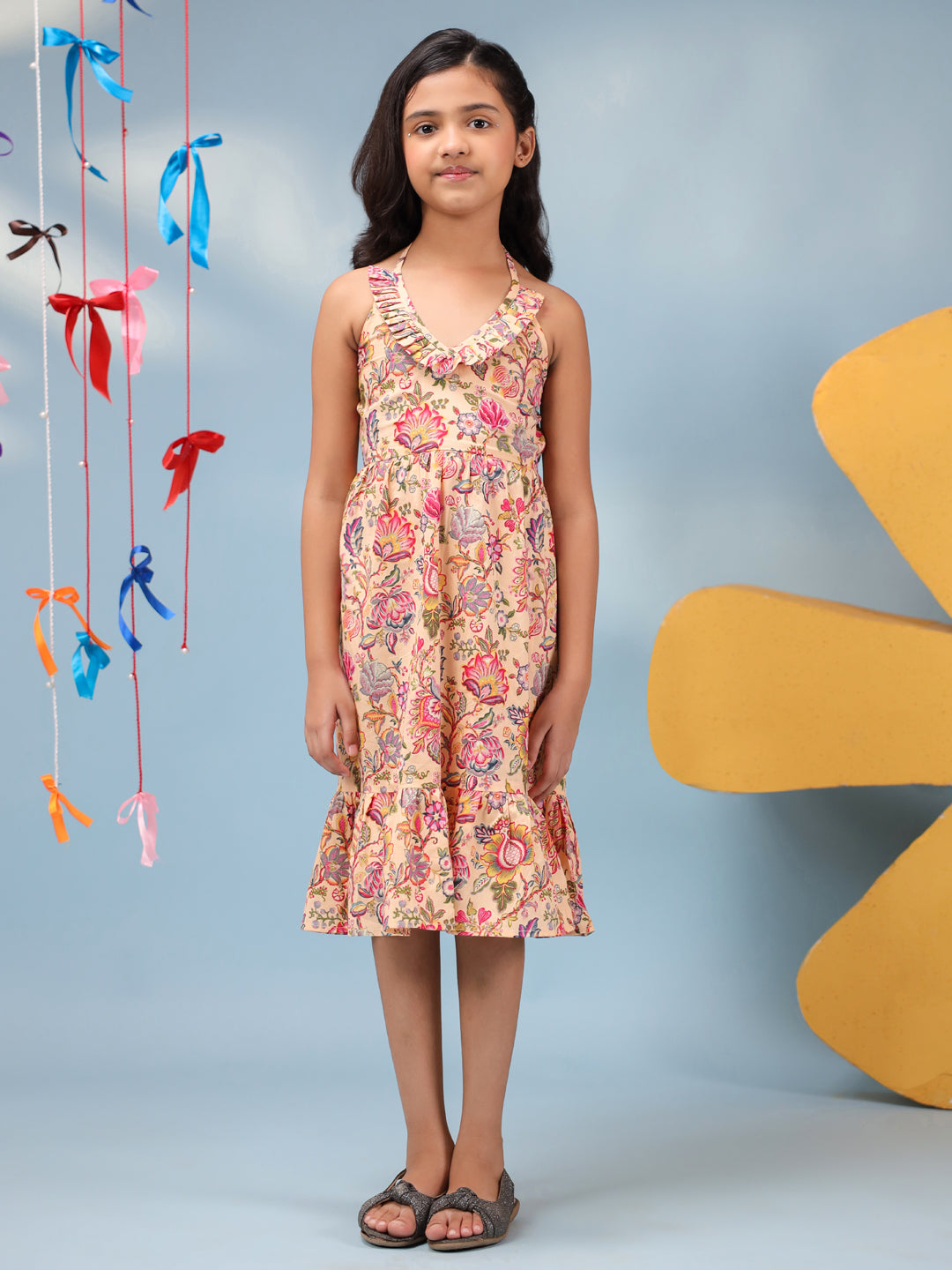 Girls Floral Printed Halter Neck Tiered Fit and Flare Midi Dress