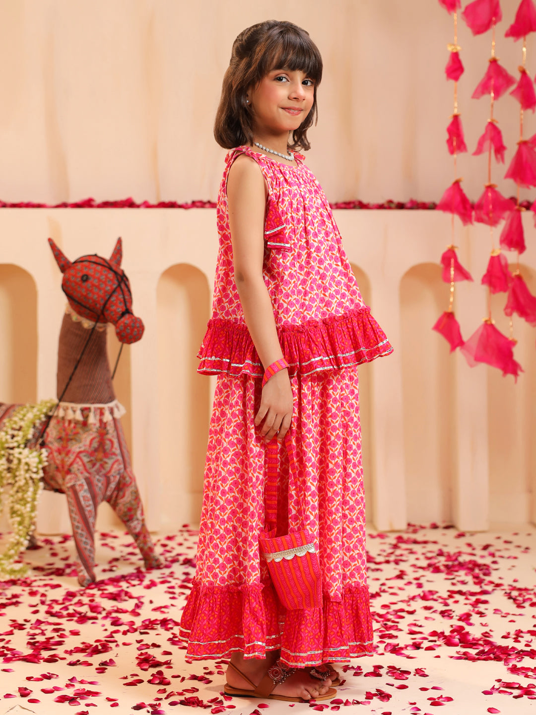 Girls Floral Printed Gotta Patti Pure Cotton Top with Skirt & Dupatta