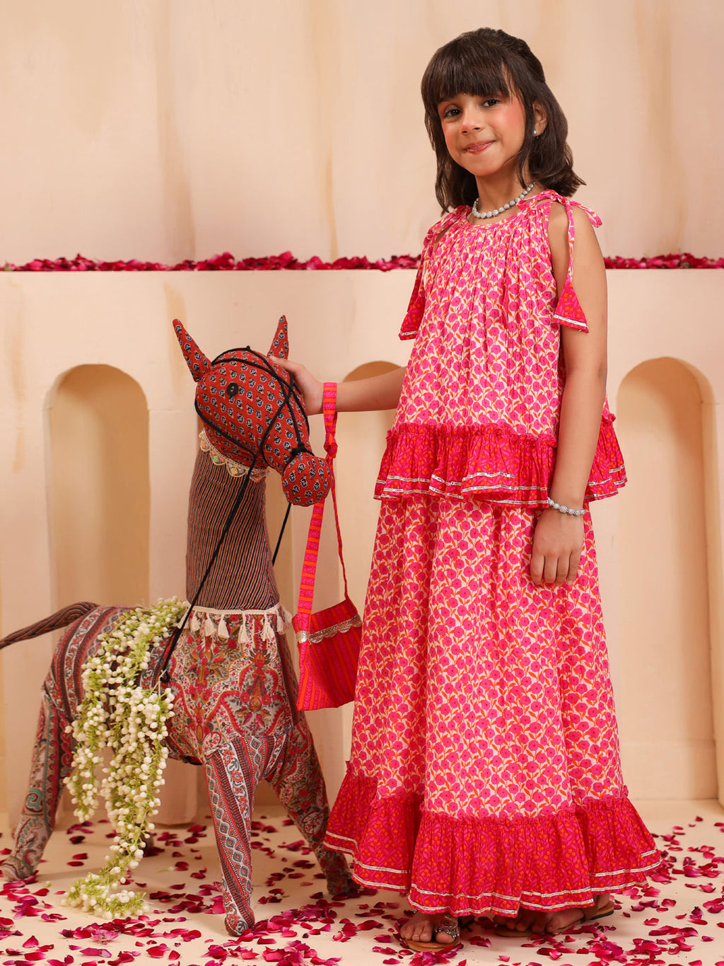 Girls Floral Printed Gotta Patti Pure Cotton Top with Skirt & Dupatta