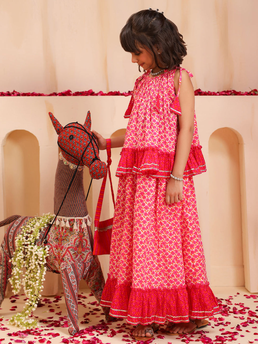 Girls Floral Printed Gotta Patti Pure Cotton Top with Skirt & Dupatta