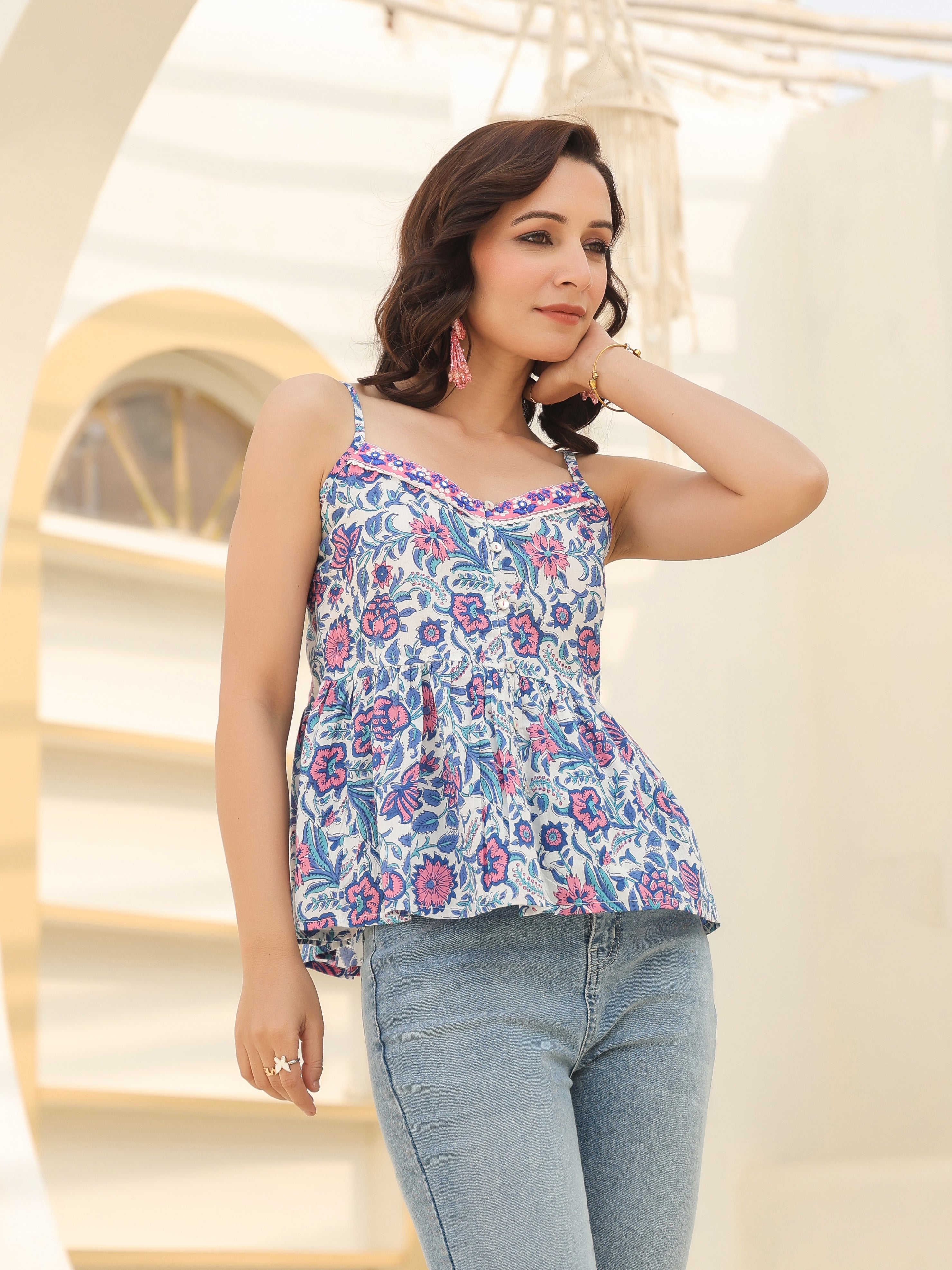 Women Floral Print Shoulder Straps Top