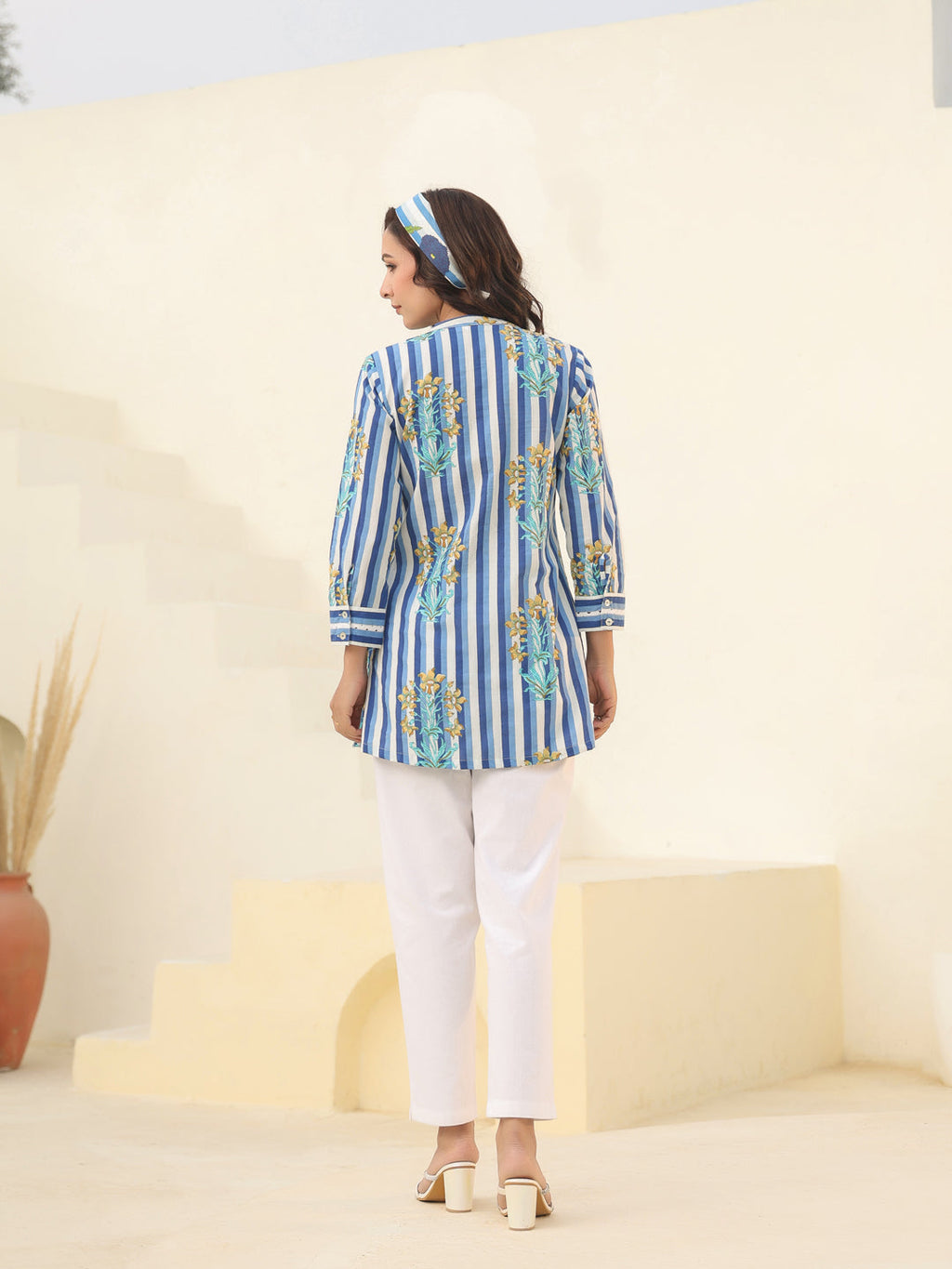 Women Mandarin Collar Striped Pure Cotton Tunic