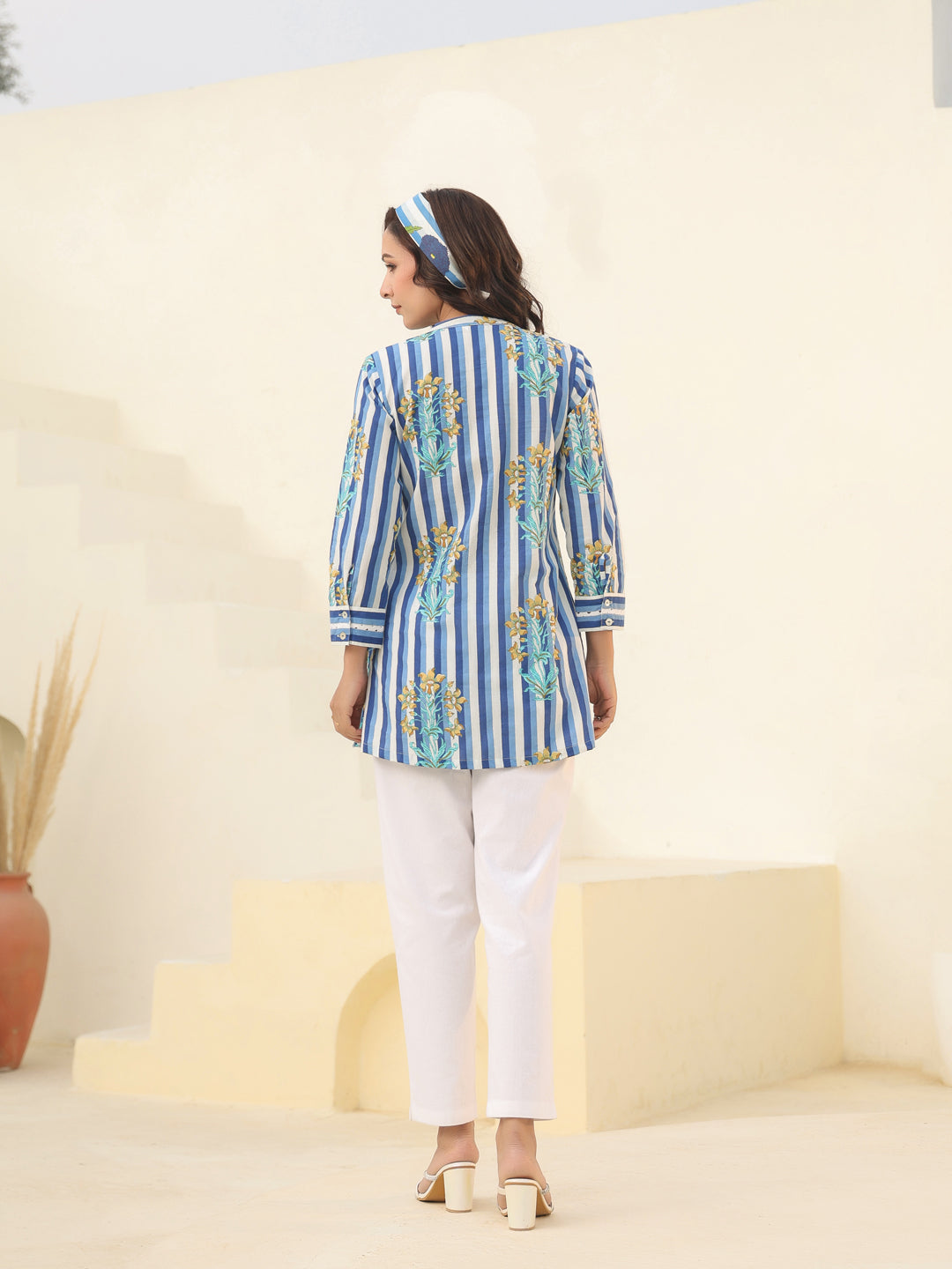 Women Mandarin Collar Striped Pure Cotton Tunic